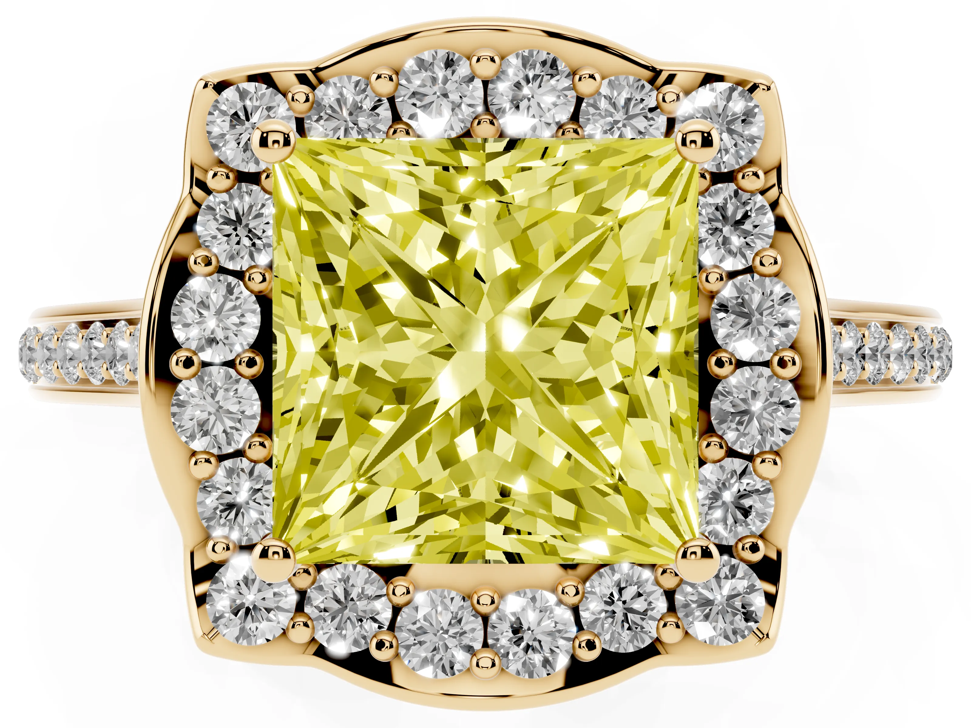 Fancy Yellow Princess Cut Diamond Halo Ring Set in Yellow gold with Pavé-Lined Shoulders and Prong Setting