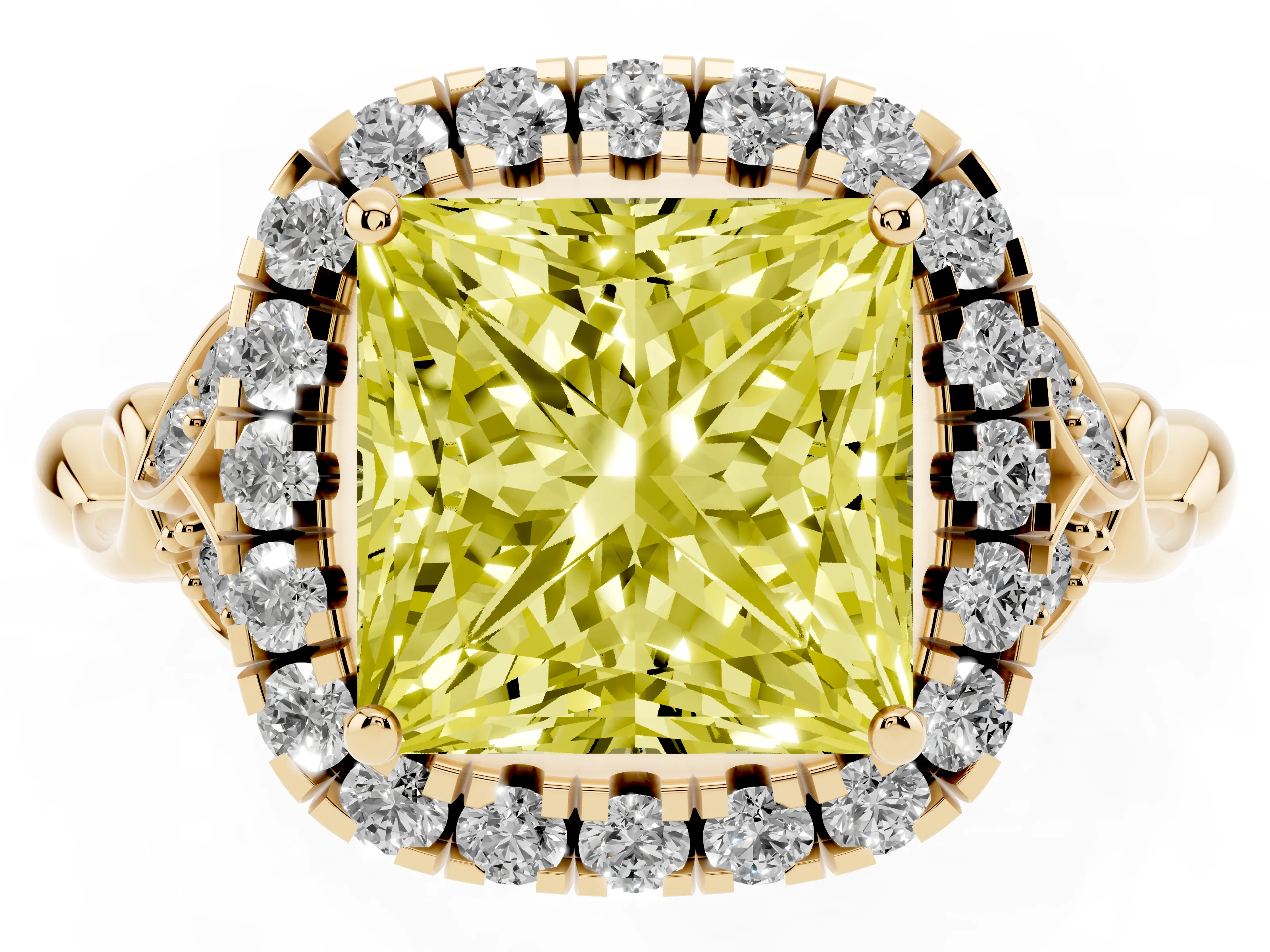 Fancy Yellow Princess Cut Diamond Halo Engagement Ring Set in Yellow gold with Vintage-Inspired Band and Prong Setting