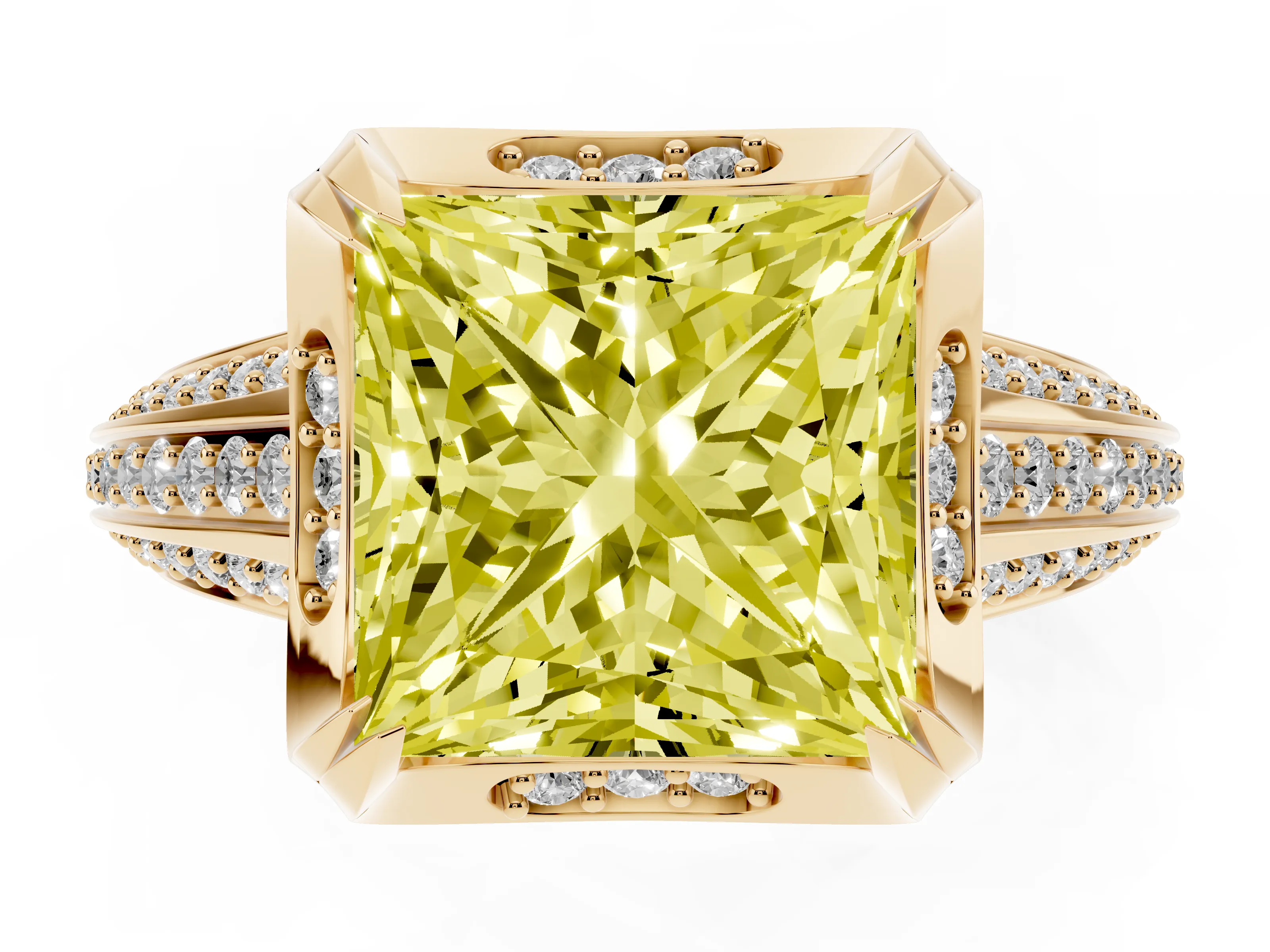 Fancy Yellow Princess Cut Diamond Pavé Split Shank Solitaire Ring Set in Yellow gold with Prong Setting