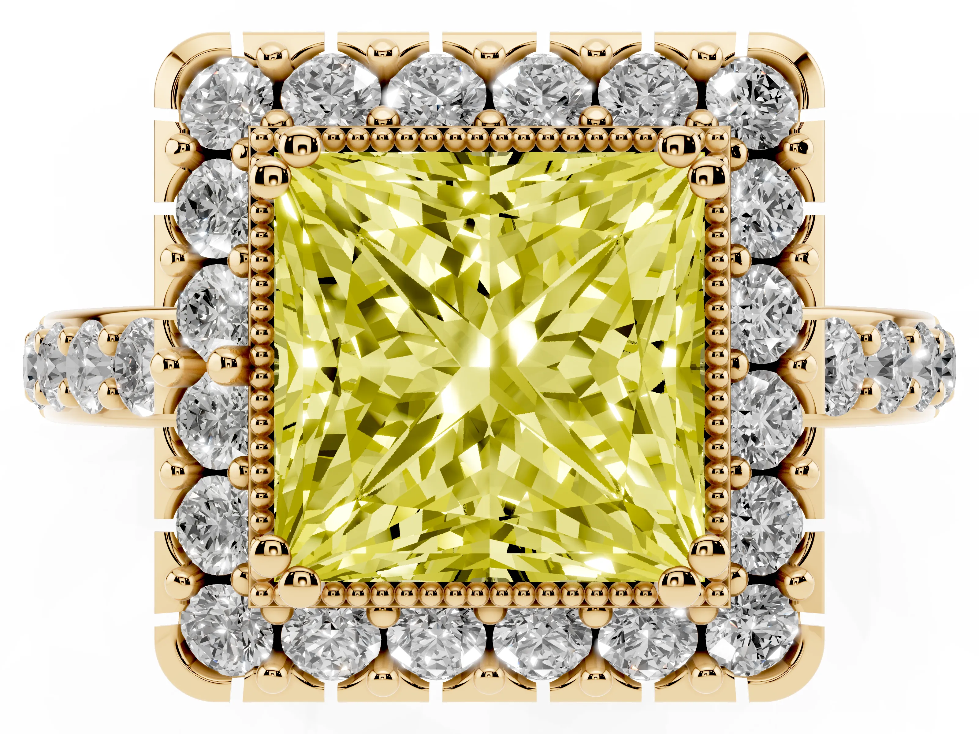 Fancy Yellow Princess Cut Diamond Halo Ring Set in Yellow gold with Pavé Shank and Prong Setting