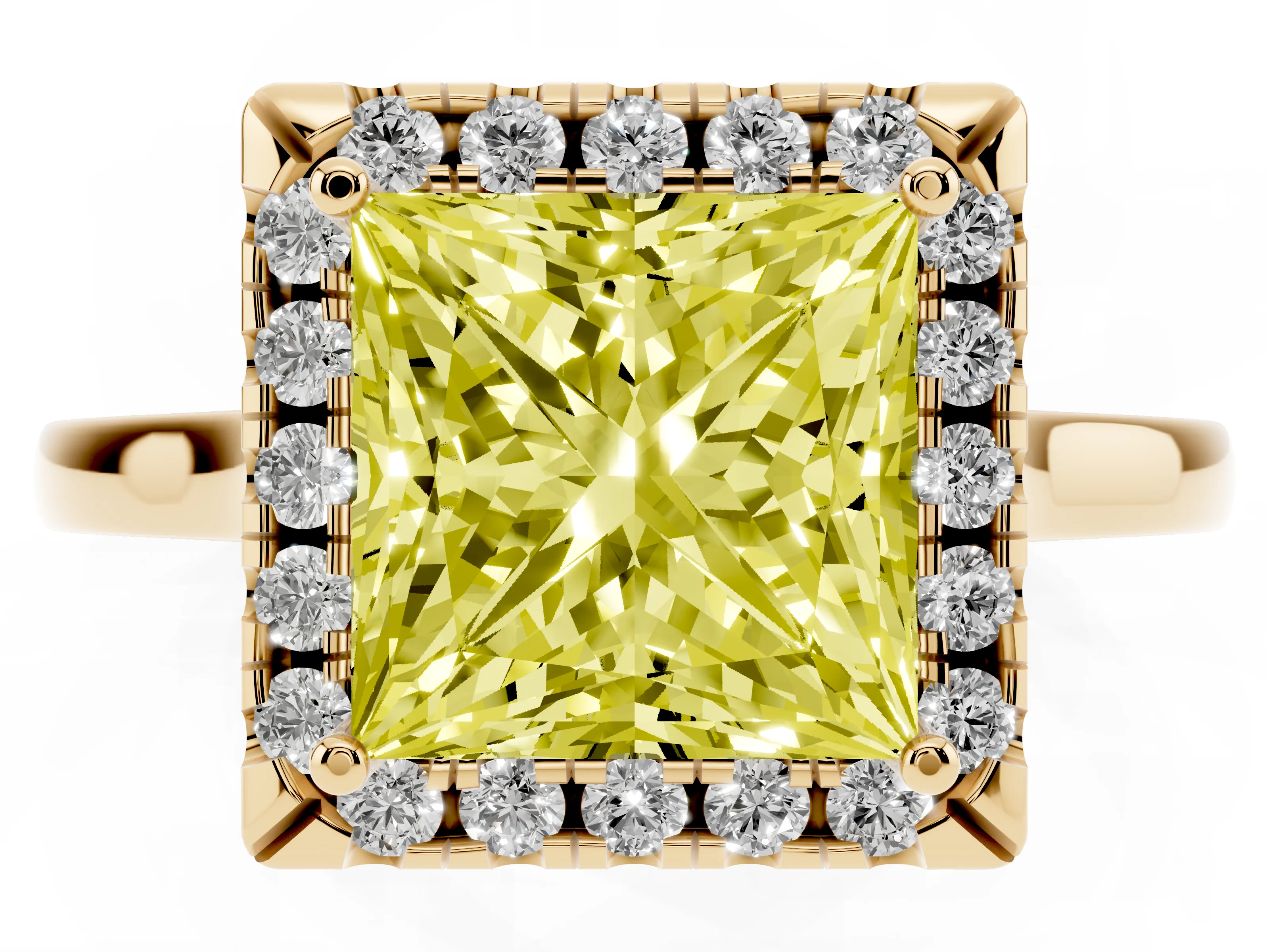 Fancy Yellow Princess Cut Halo Round Diamond Solitaire Ring Set in Yellow gold with Pavé Band and Prong Setting