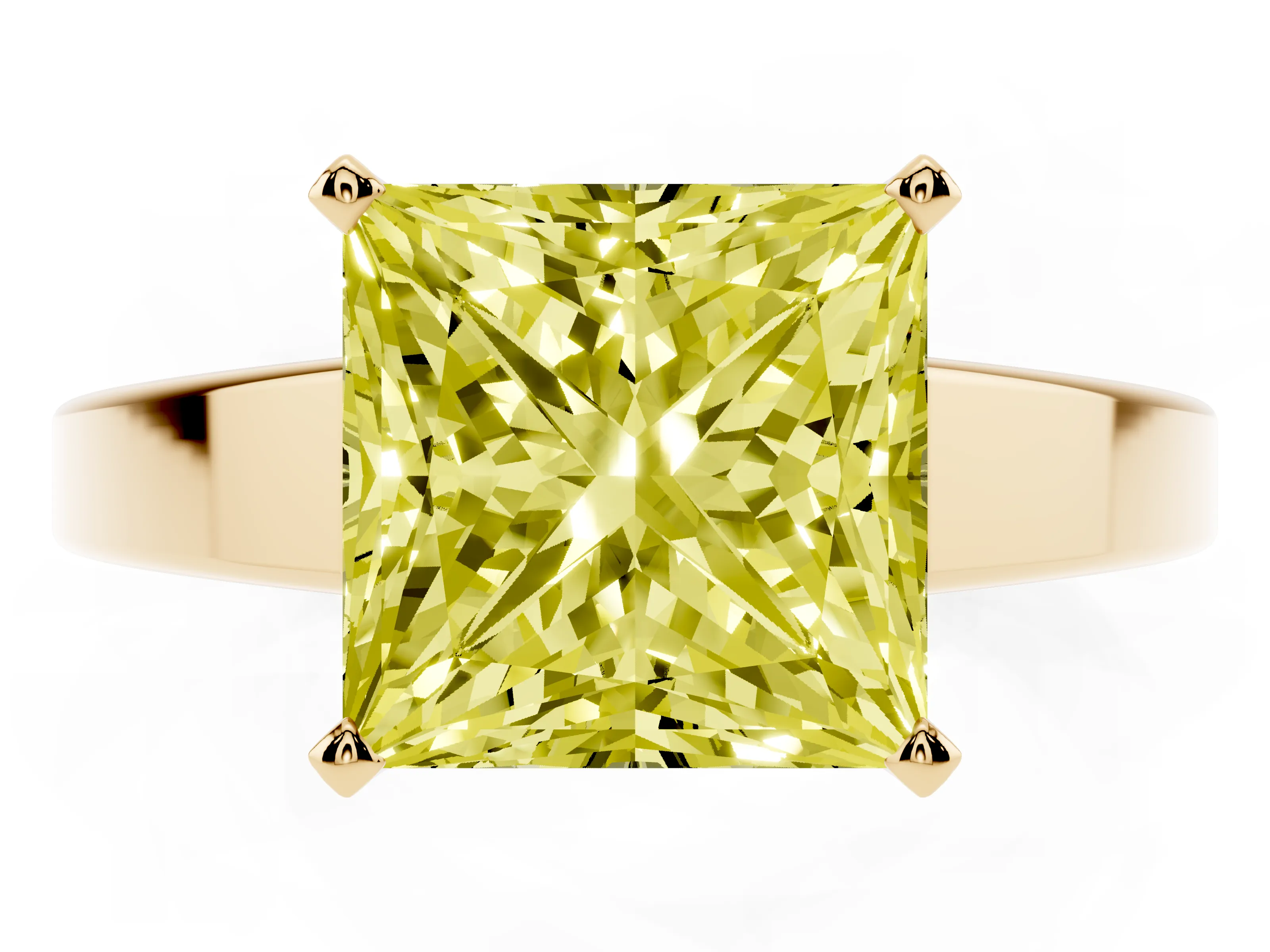 Fancy Yellow Princess Cut Diamond Solitaire Engagement Ring Set in Yellow gold with Prong Setting and Tapered Band