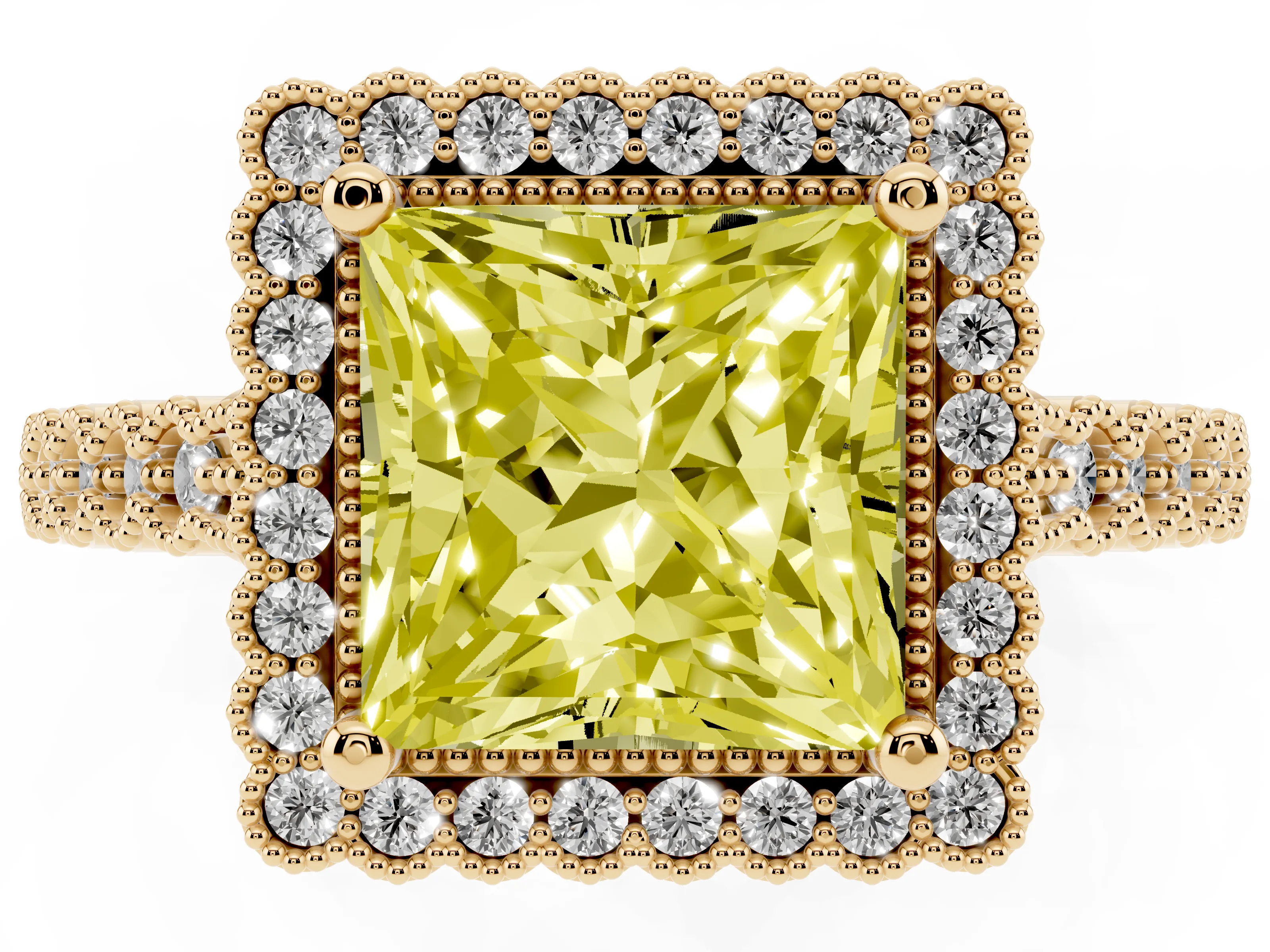 Fancy Yellow Princess Cut Diamond Halo Ring Set in Yellow gold with Pavé Milgrain Band