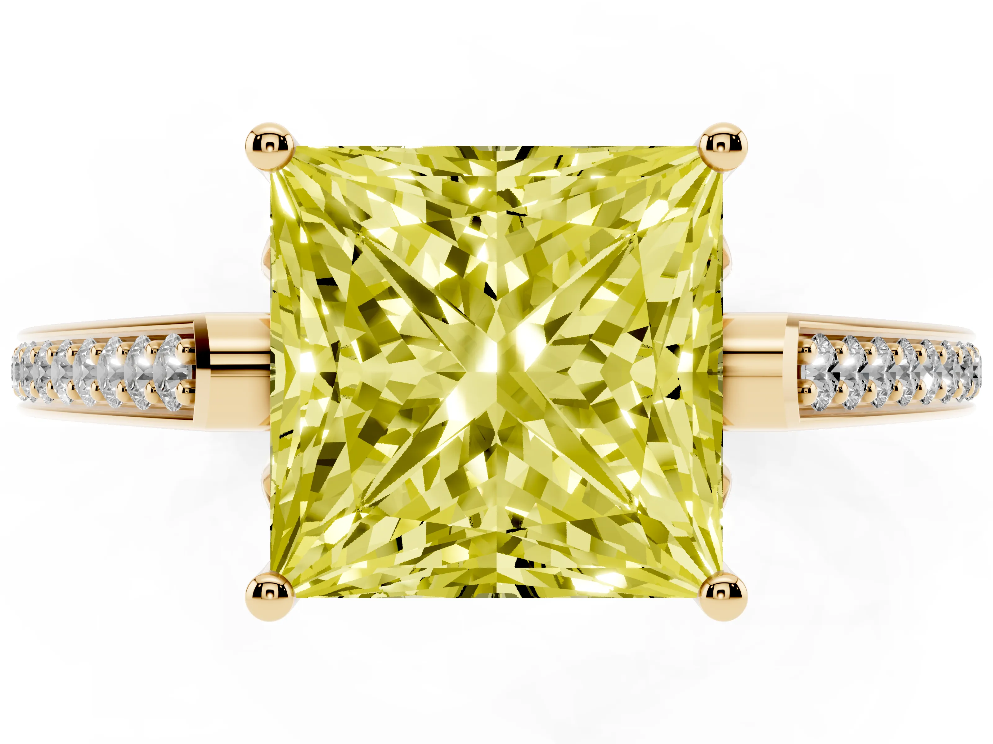 Fancy Yellow Princess Cut Diamond Cathedral Pavé Engagement Ring Set in Yellow gold with Prong Setting