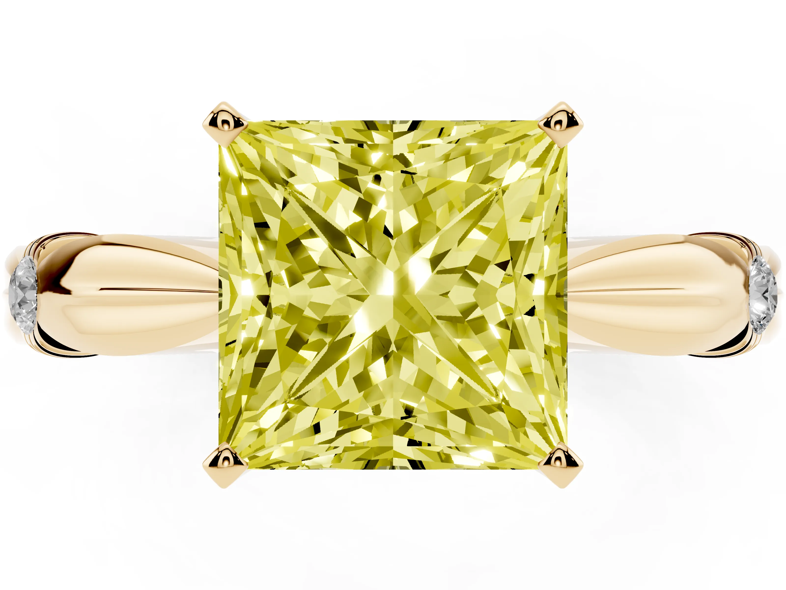 Fancy Yellow Princess Cut Diamond Solitaire Twisted Band Ring Set in Yellow gold with Accent Stones and Prong Setting