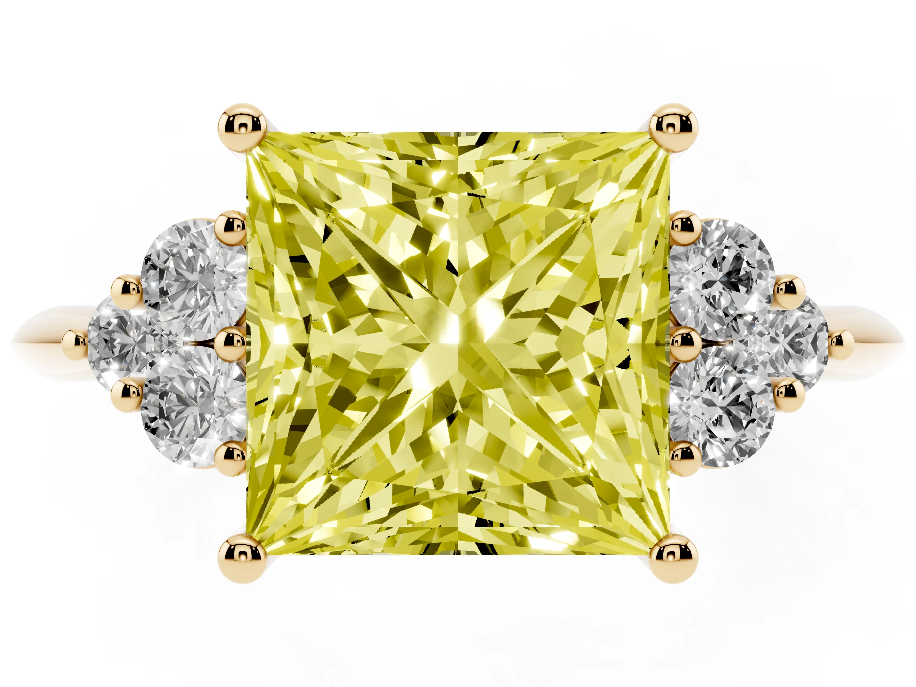 Fancy Yellow Princess Cut Diamond Cluster Ring Set in Yellow gold with Plain Band and Prong Setting