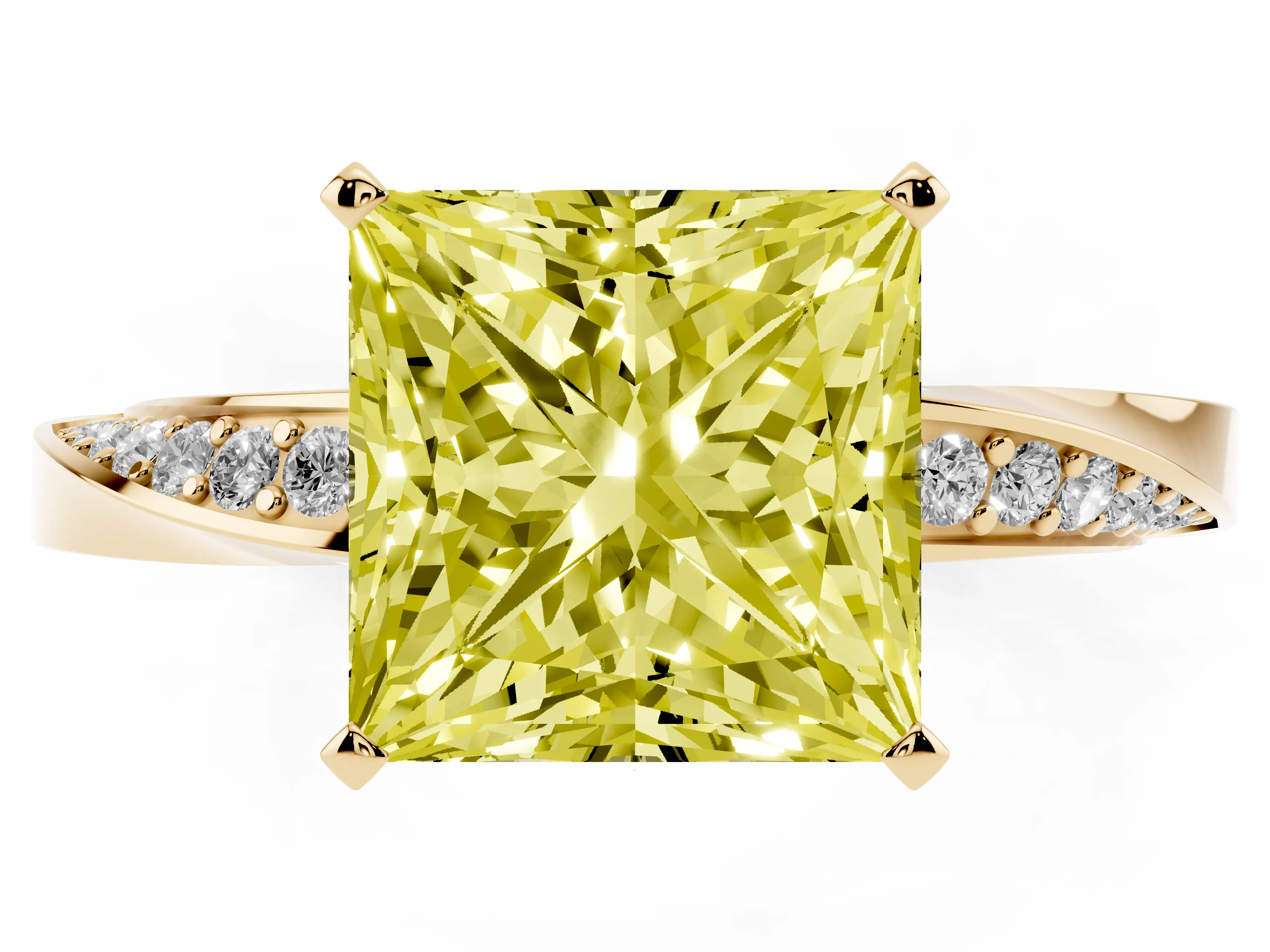 Fancy Yellow Princess Cut Diamond Engagement Ring Set in Yellow gold with Side Stone Accents and Prong Setting