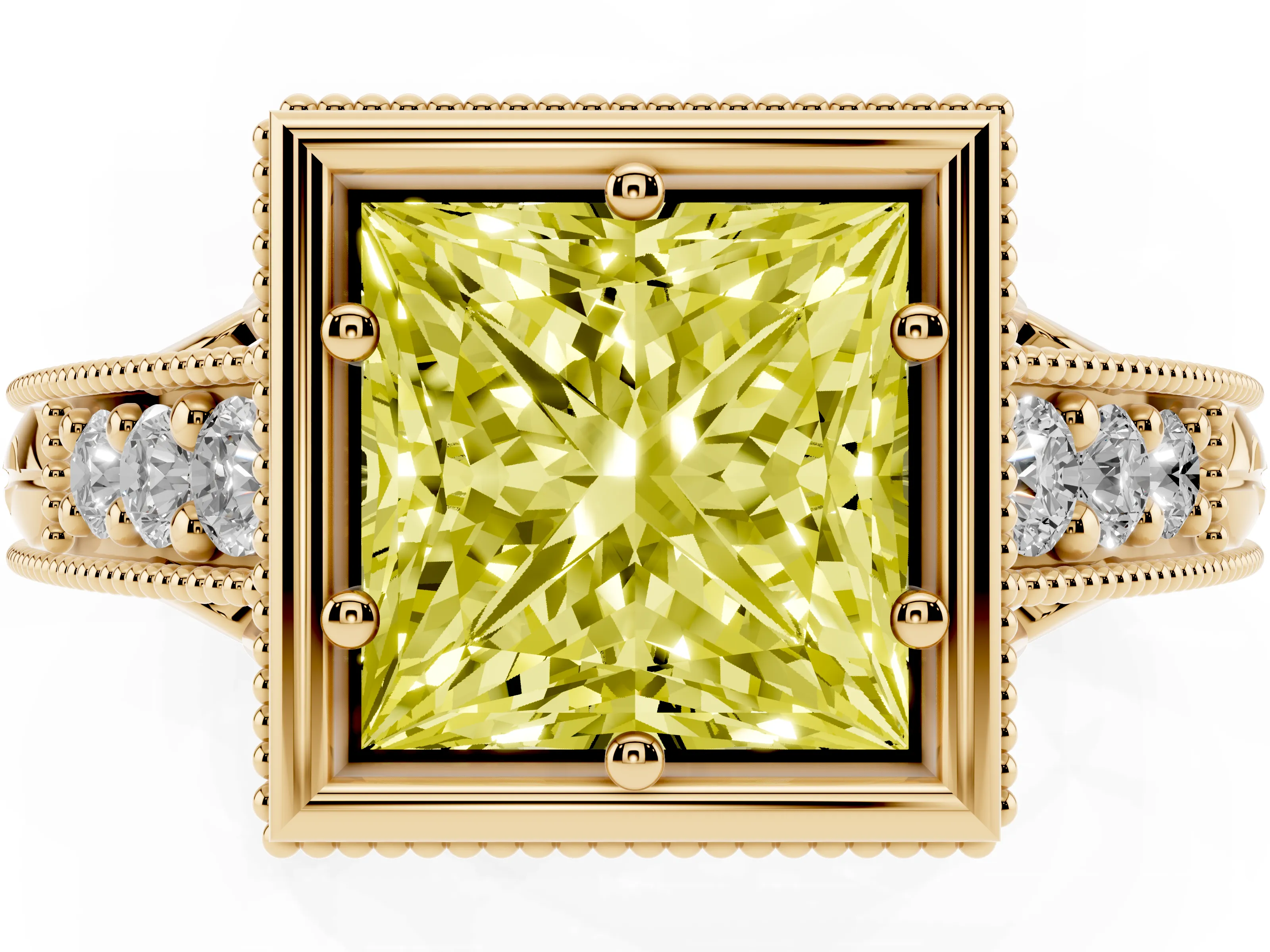 Fancy Yellow Bezel Set Princess Cut Diamond Milgrain Pavé Engagement Ring Set in Yellow gold