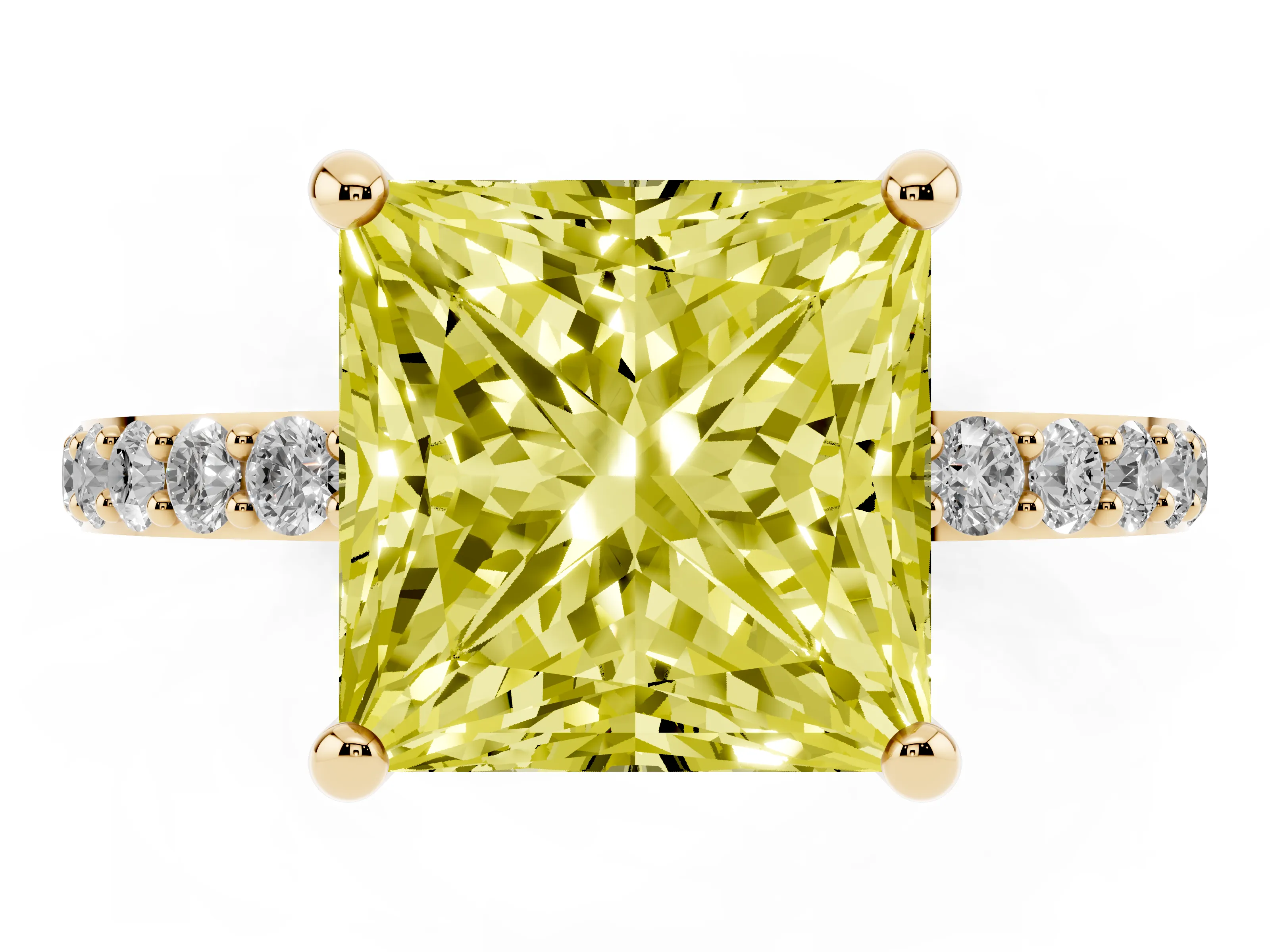 Fancy Yellow Princess Cut Diamond Solitaire Ring Set in Yellow gold with Round Pavé Band and Prong Setting