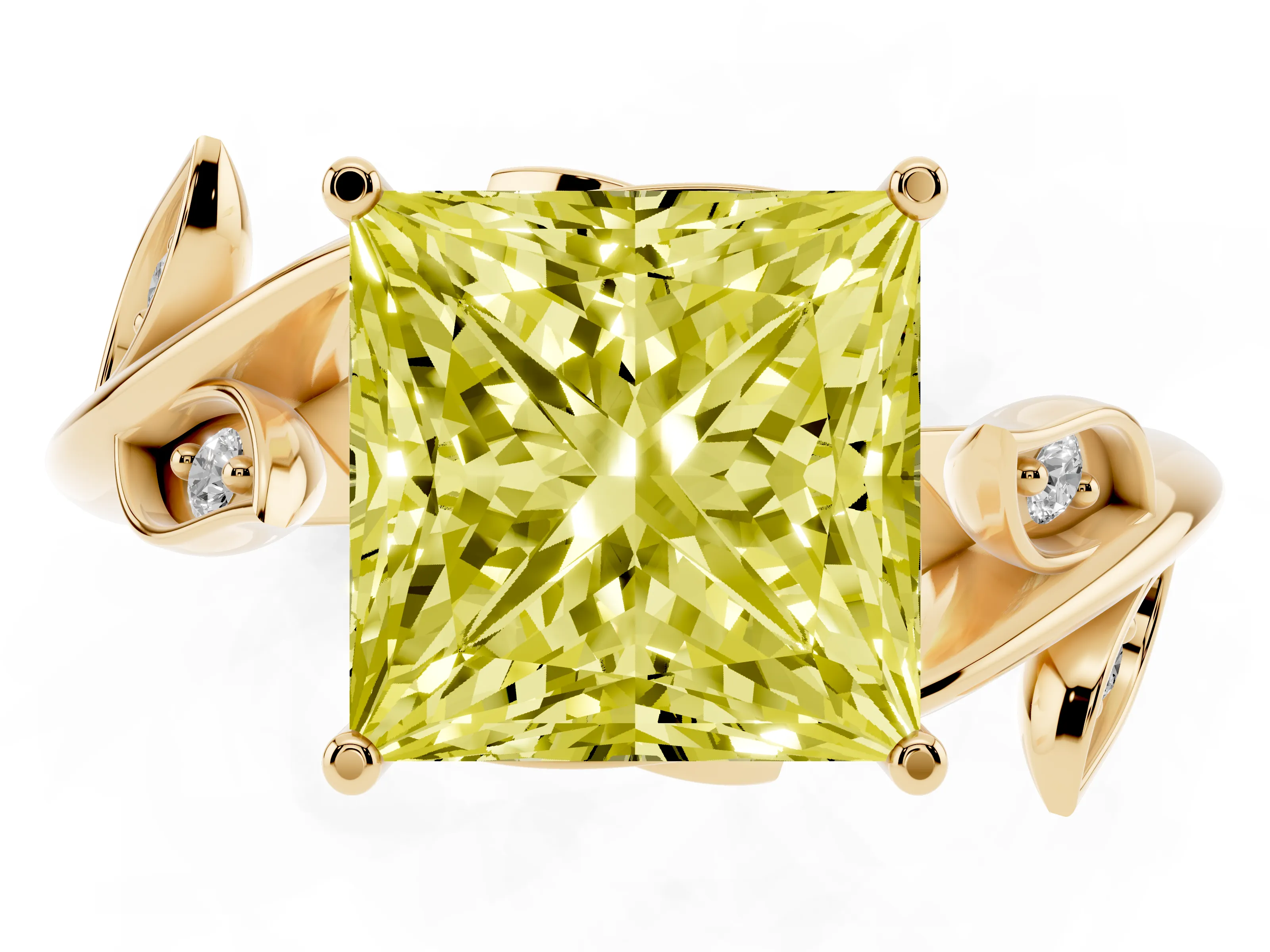 Fancy Yellow Princess Cut Diamond Solitaire Twist Engagement Ring Set in Yellow gold with Pavé Leaf Accents