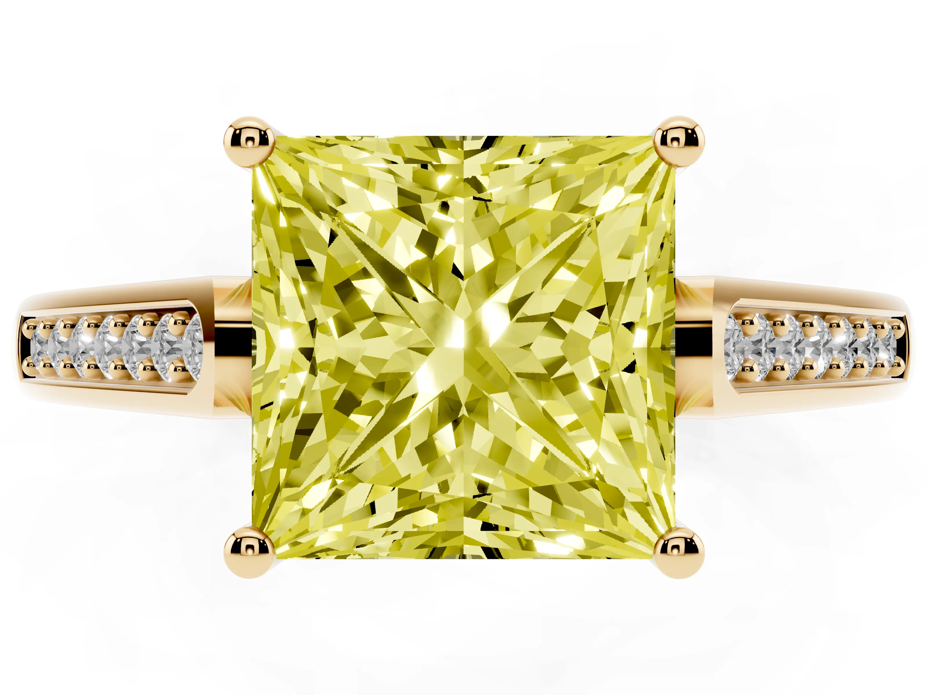 Fancy Yellow Princess Cut Diamond Solitaire Cathedral Engagement Ring Set in Yellow gold with Channel-Set Band and Prong Setting