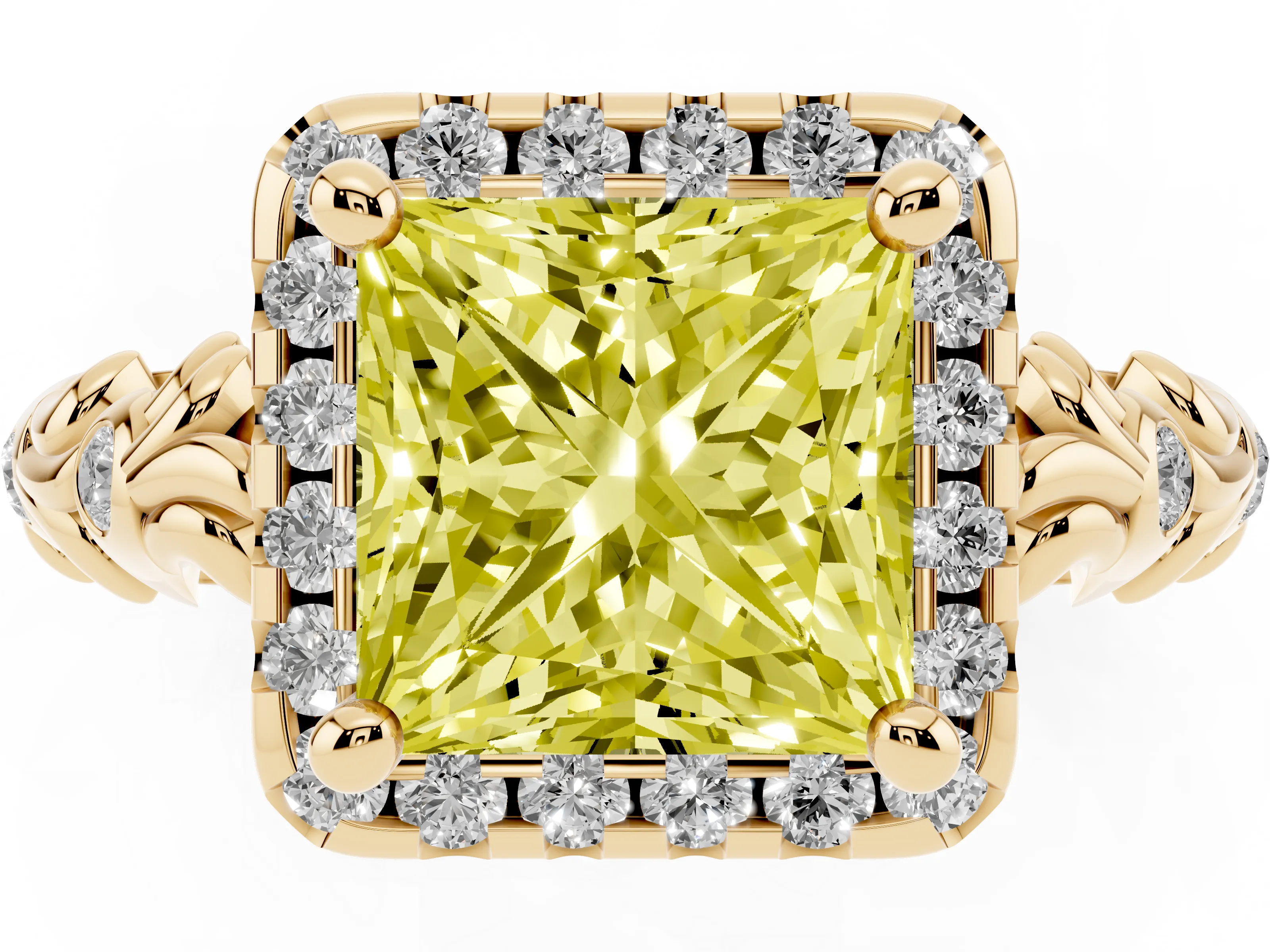 Fancy Yellow Princess Cut Diamond Halo Ring Set in Yellow gold with Filigree Leaf Band and Prong Setting