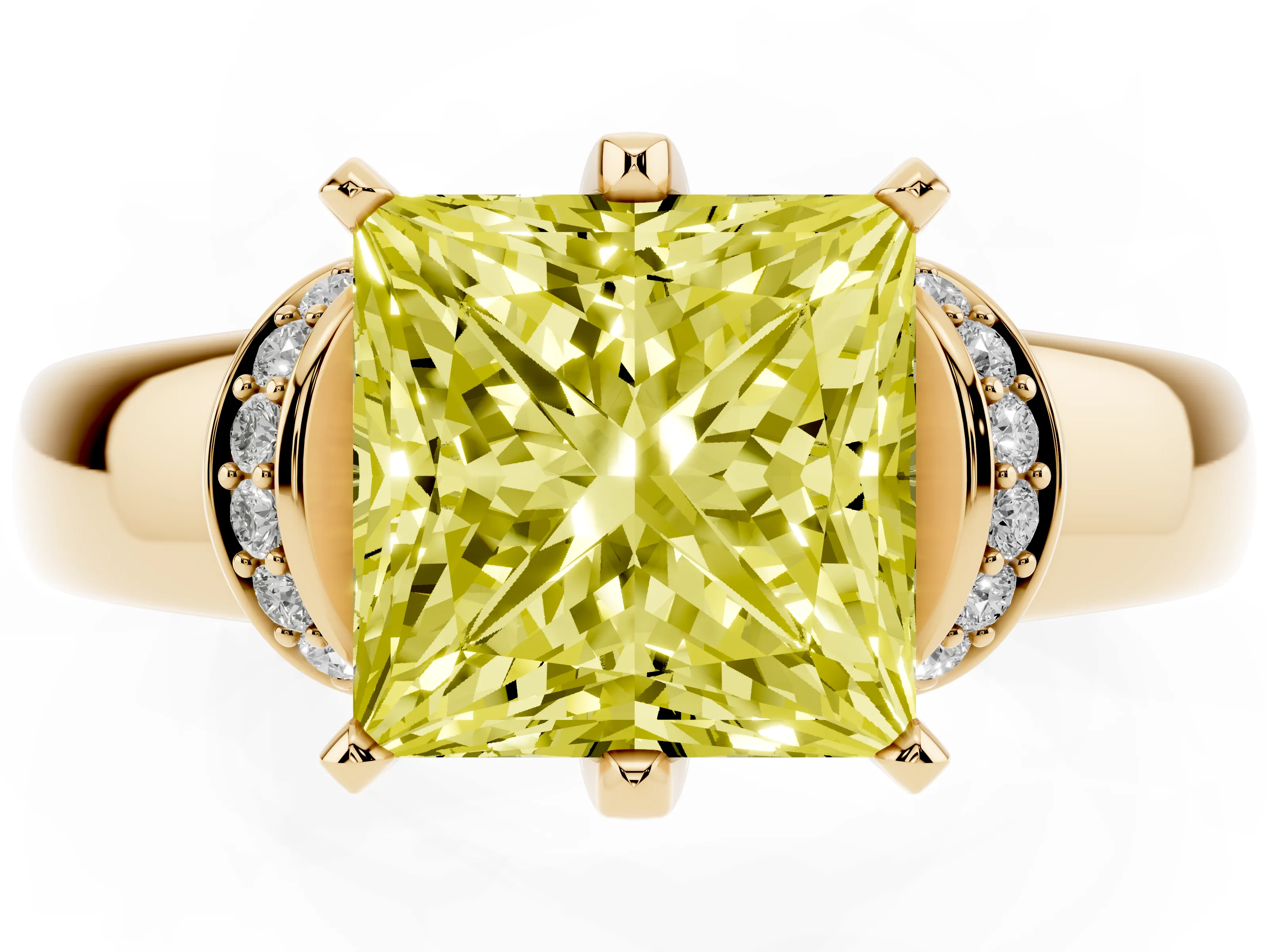 Fancy Yellow Princess Cut Diamond Pavé Band Solitaire Ring Set in Yellow gold with Prong Setting