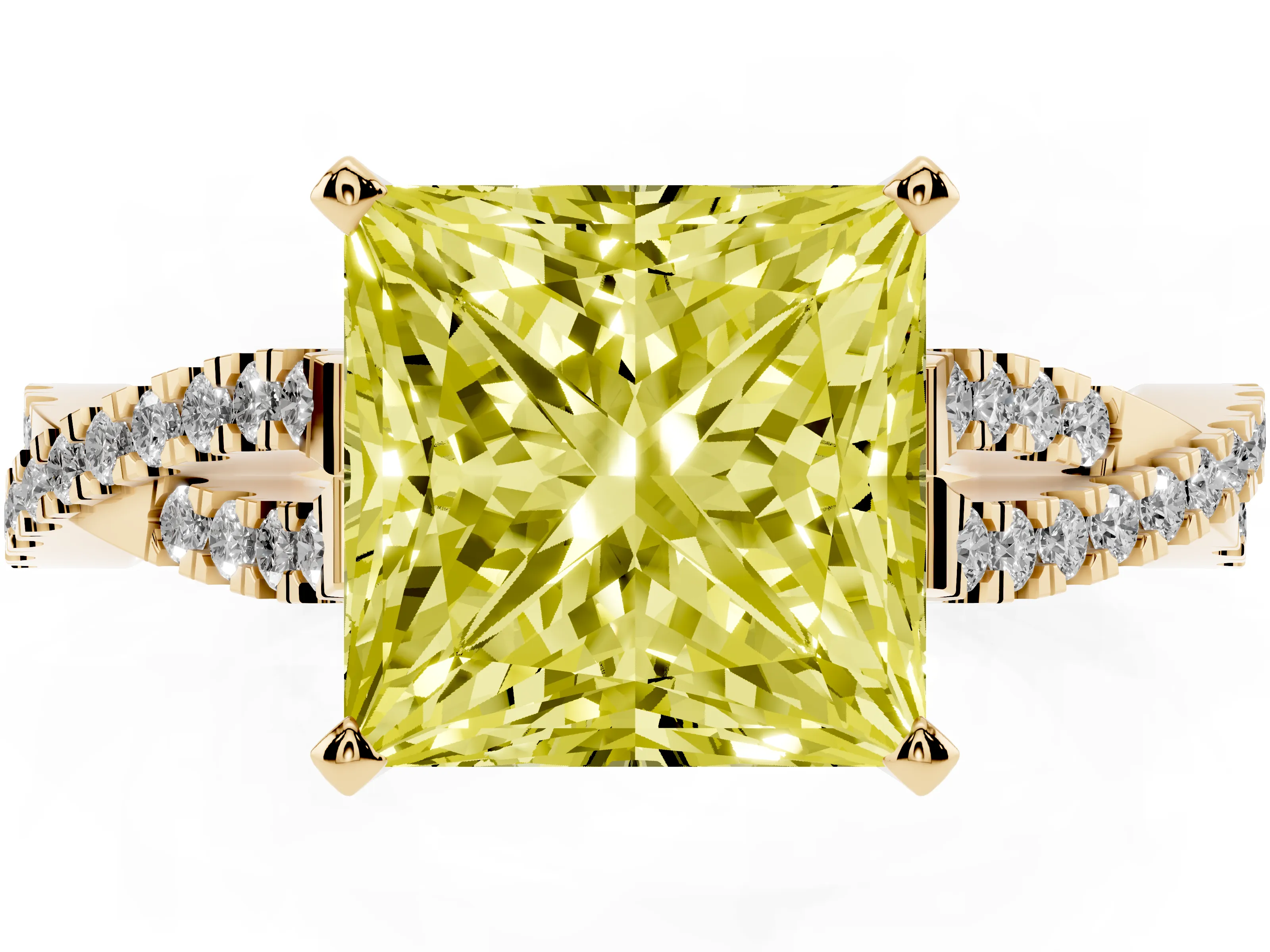 Fancy Yellow Princess Cut Diamond Solitaire Engagement Ring Set in Yellow gold with Twisted Pavé Band and Prong Setting