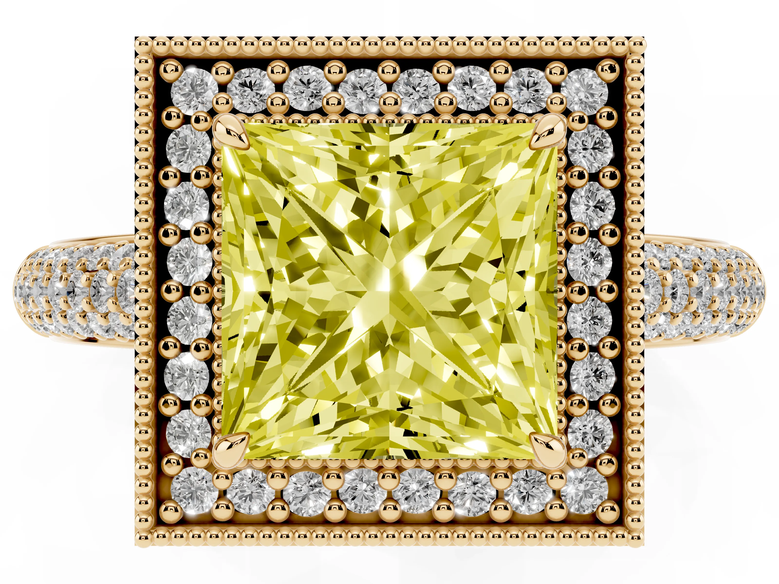 Fancy Yellow Princess Cut Diamond Halo Pavé Band Set in Yellow gold with Prong Setting