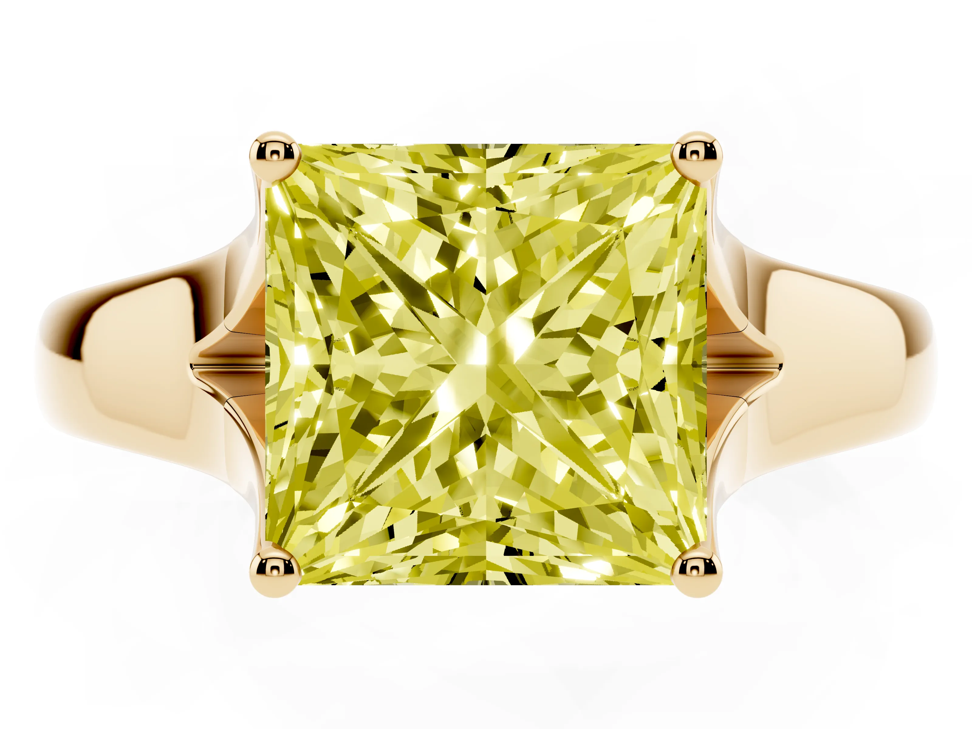 Fancy Yellow Princess Cut Diamond Solitaire Ring Set in Yellow gold with Arched Cathedral Band and Prong Setting