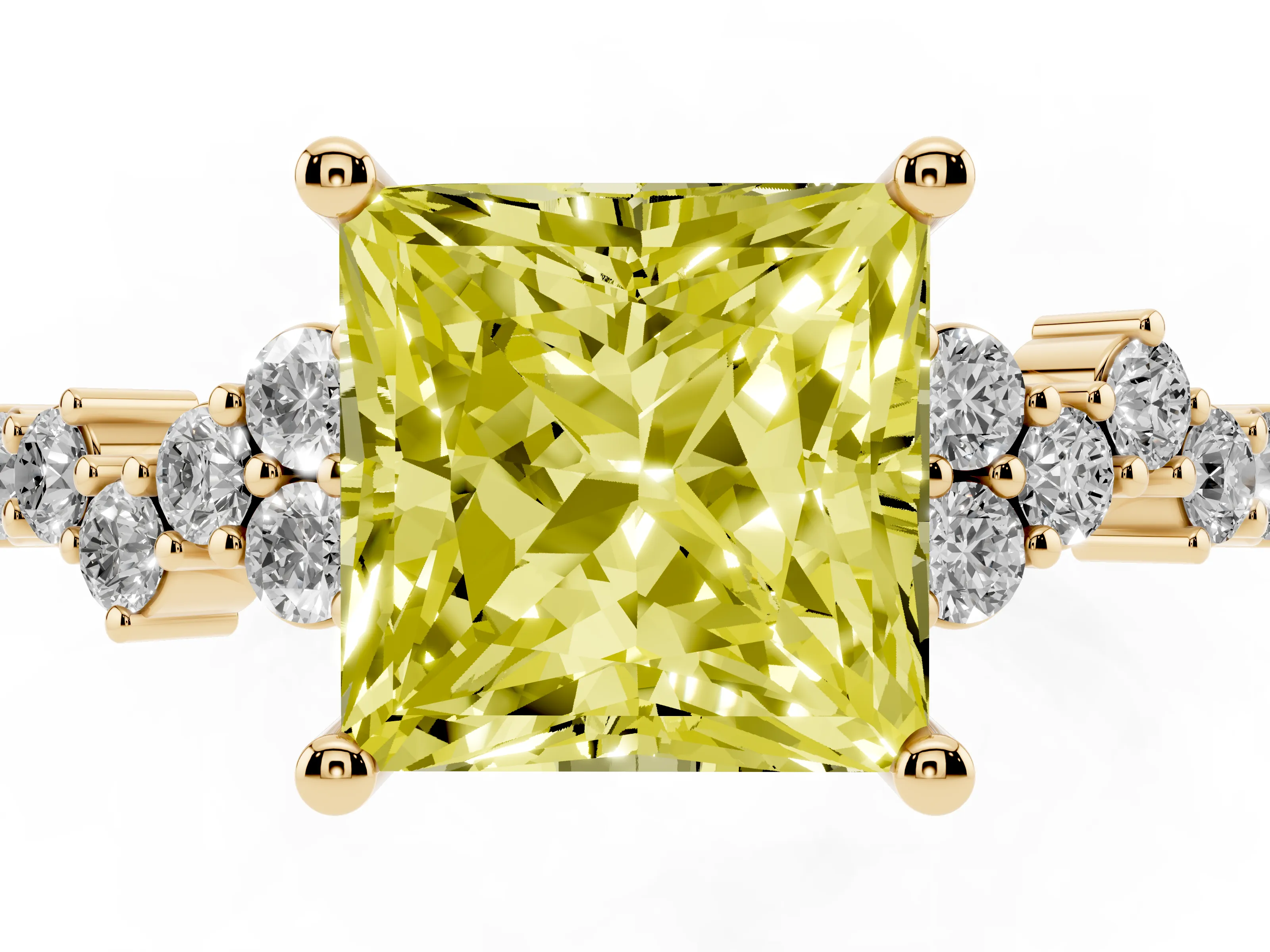 Fancy Yellow Princess Cut Diamond Ring Set in Yellow gold with Scattered Round Accents
