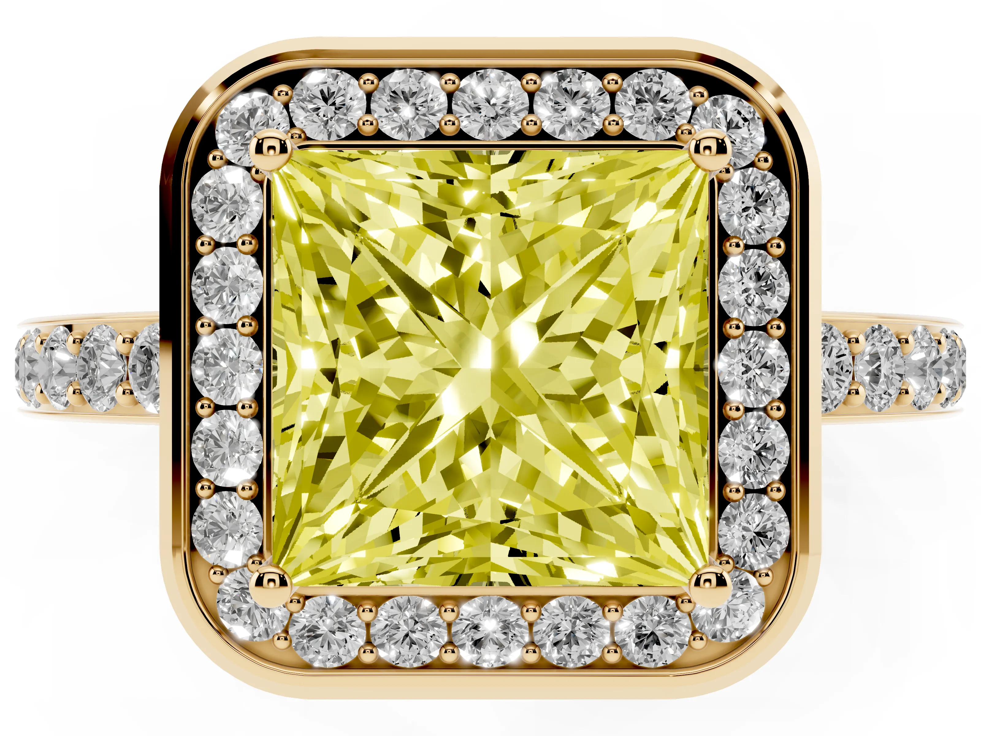 Fancy Yellow Princess Cut Diamond Halo Ring Set in Yellow gold with Bezel Frame and Pavé Band