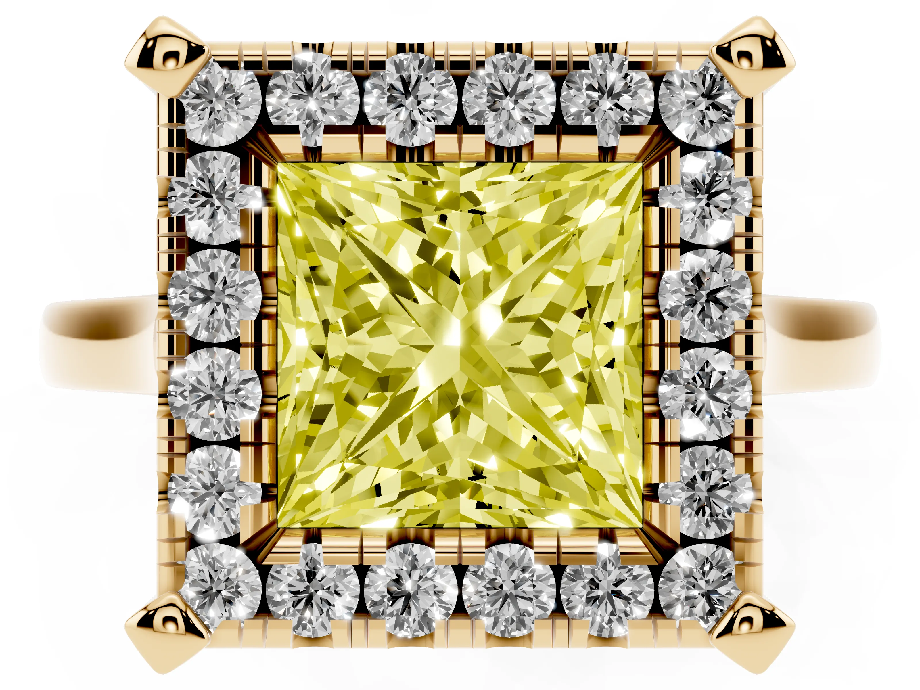 Fancy Yellow Princess Cut Diamond Cluster Halo Solitaire Ring Set in Yellow gold with Prong Setting