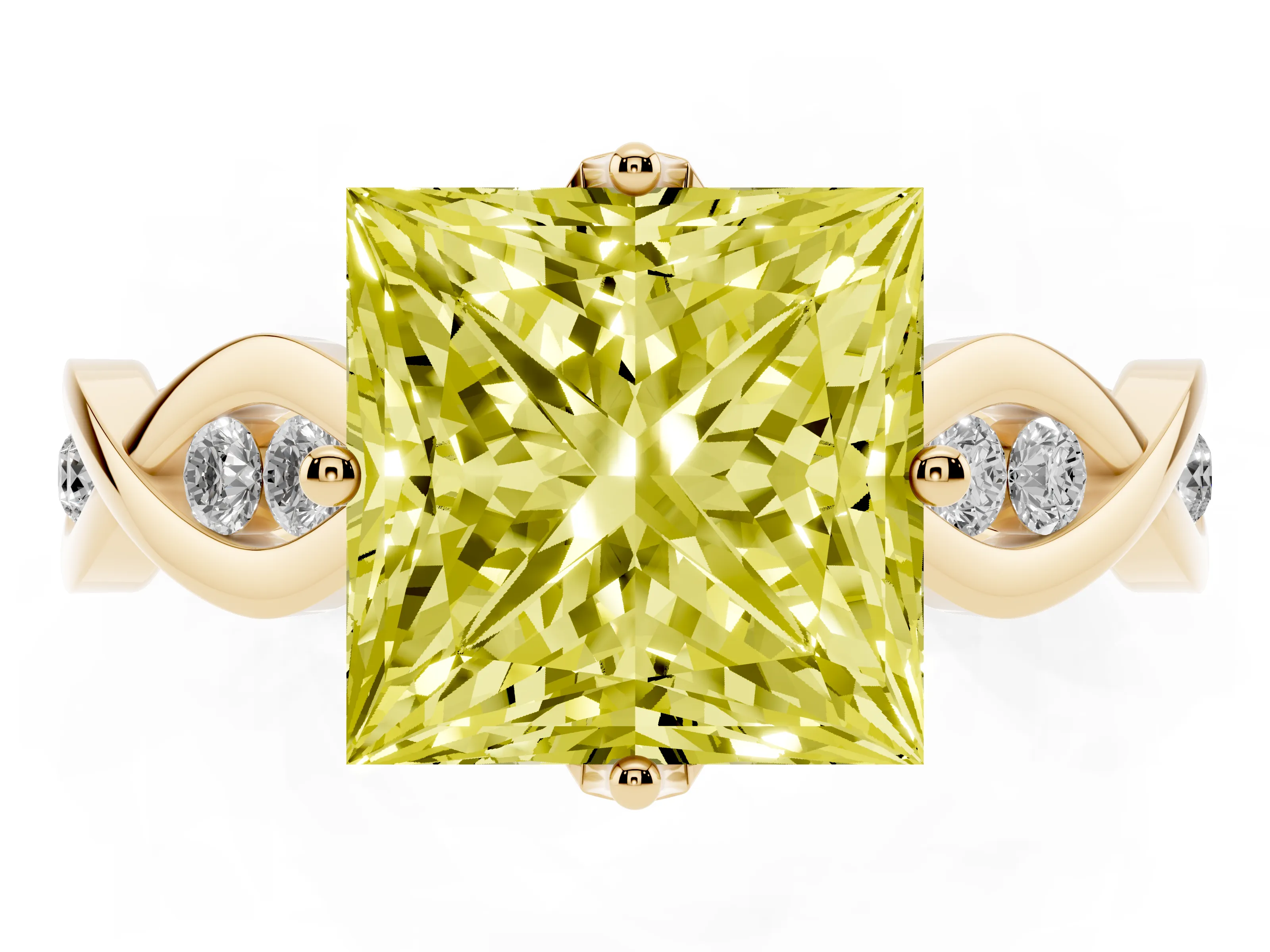 Fancy Yellow Princess Cut Diamond Twist Band Solitaire Ring Set in Yellow gold with Leaf Prong Setting and Accent Stones