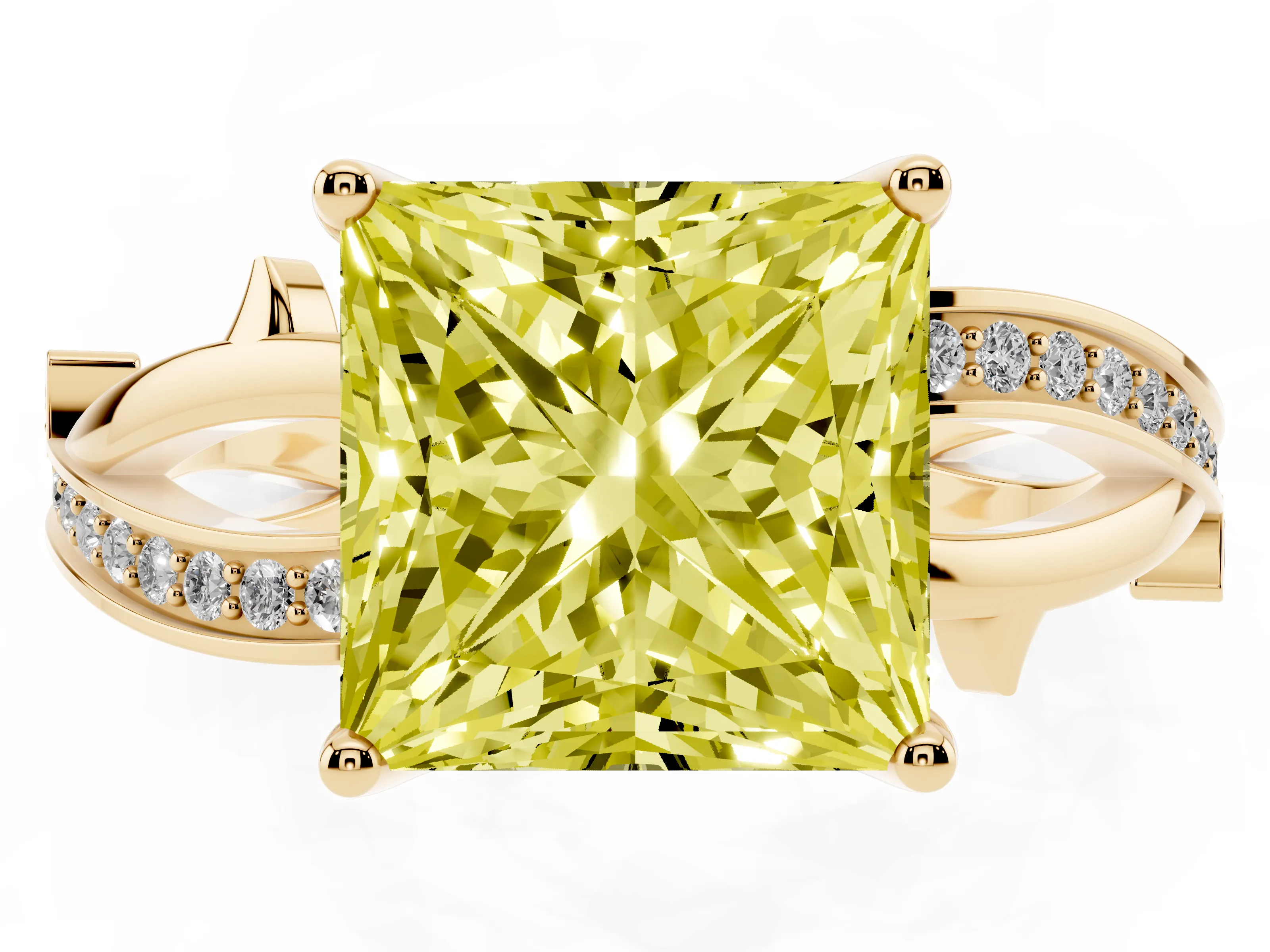 Fancy Yellow Princess Cut Diamond Pavé Twist Band Solitaire Ring Set in Yellow gold with Prong Setting