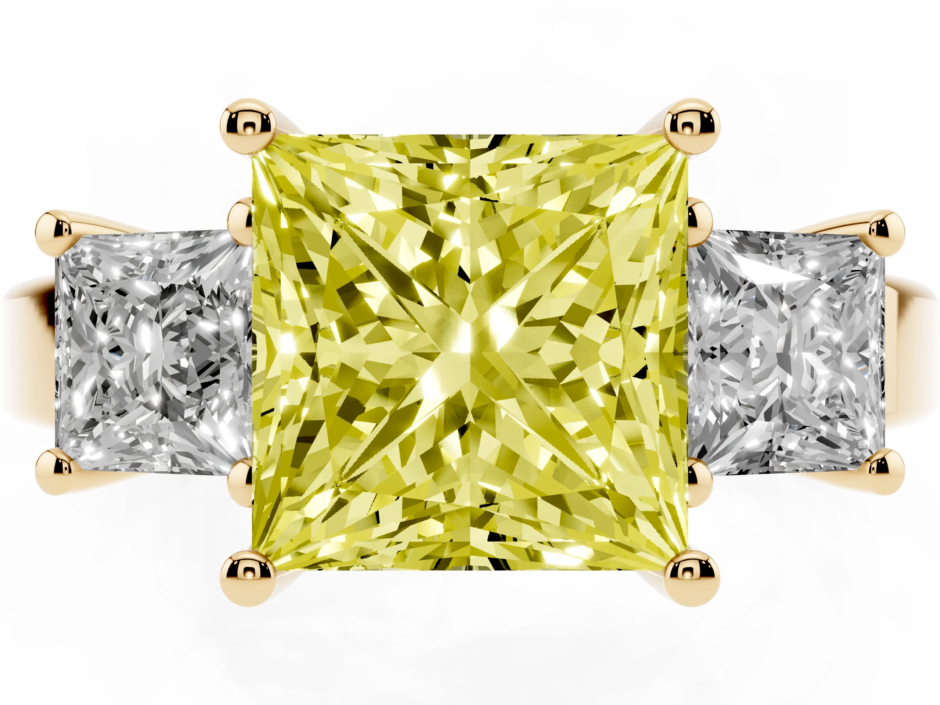 Fancy Yellow Three-Stone Princess Cut Diamond Solitaire Ring Set in Yellow gold with Prong Setting