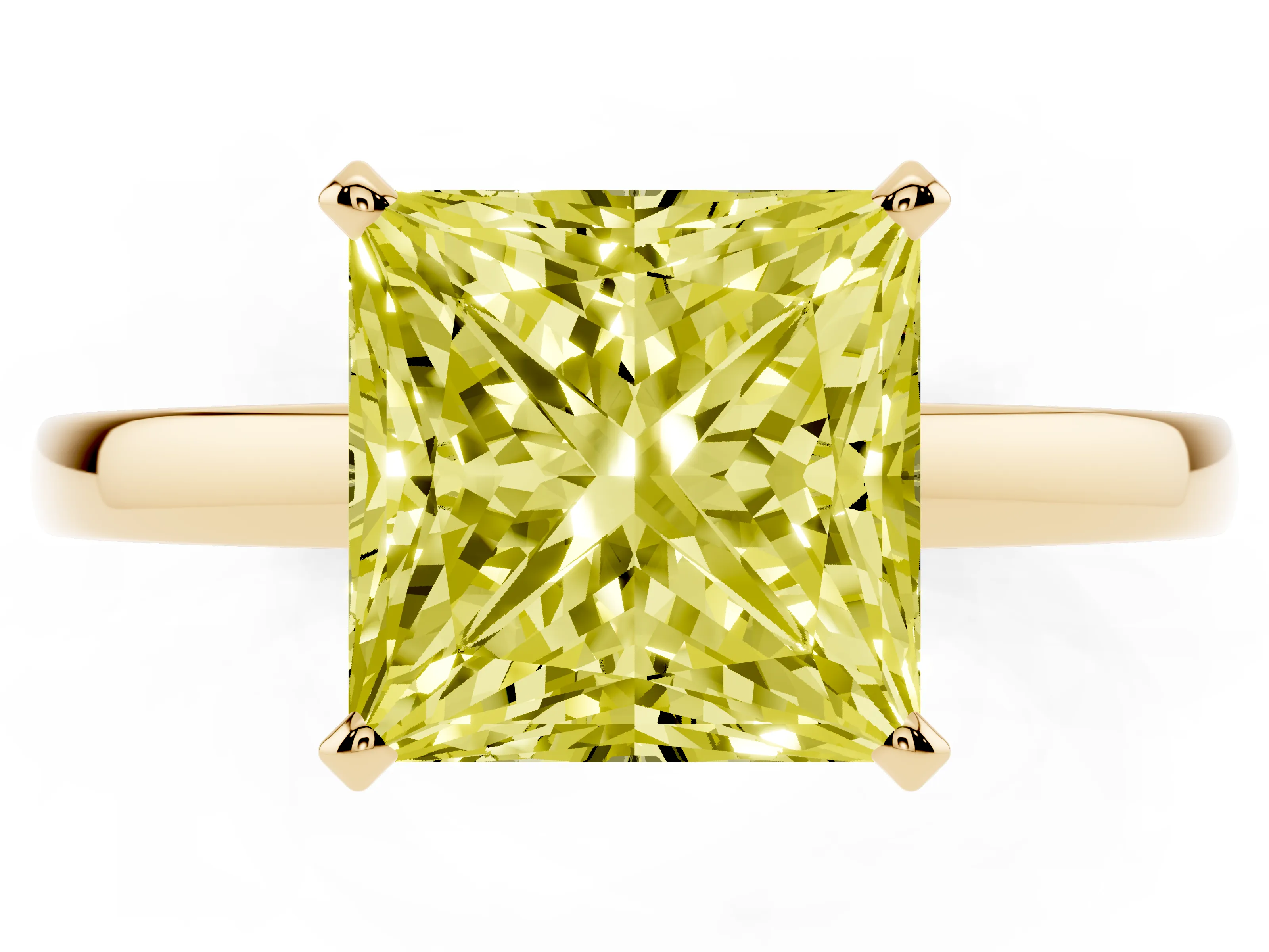 Fancy Yellow Princess Cut Diamond Solitaire Engagement Ring Set in Yellow gold with Prong Setting on a Classic Band