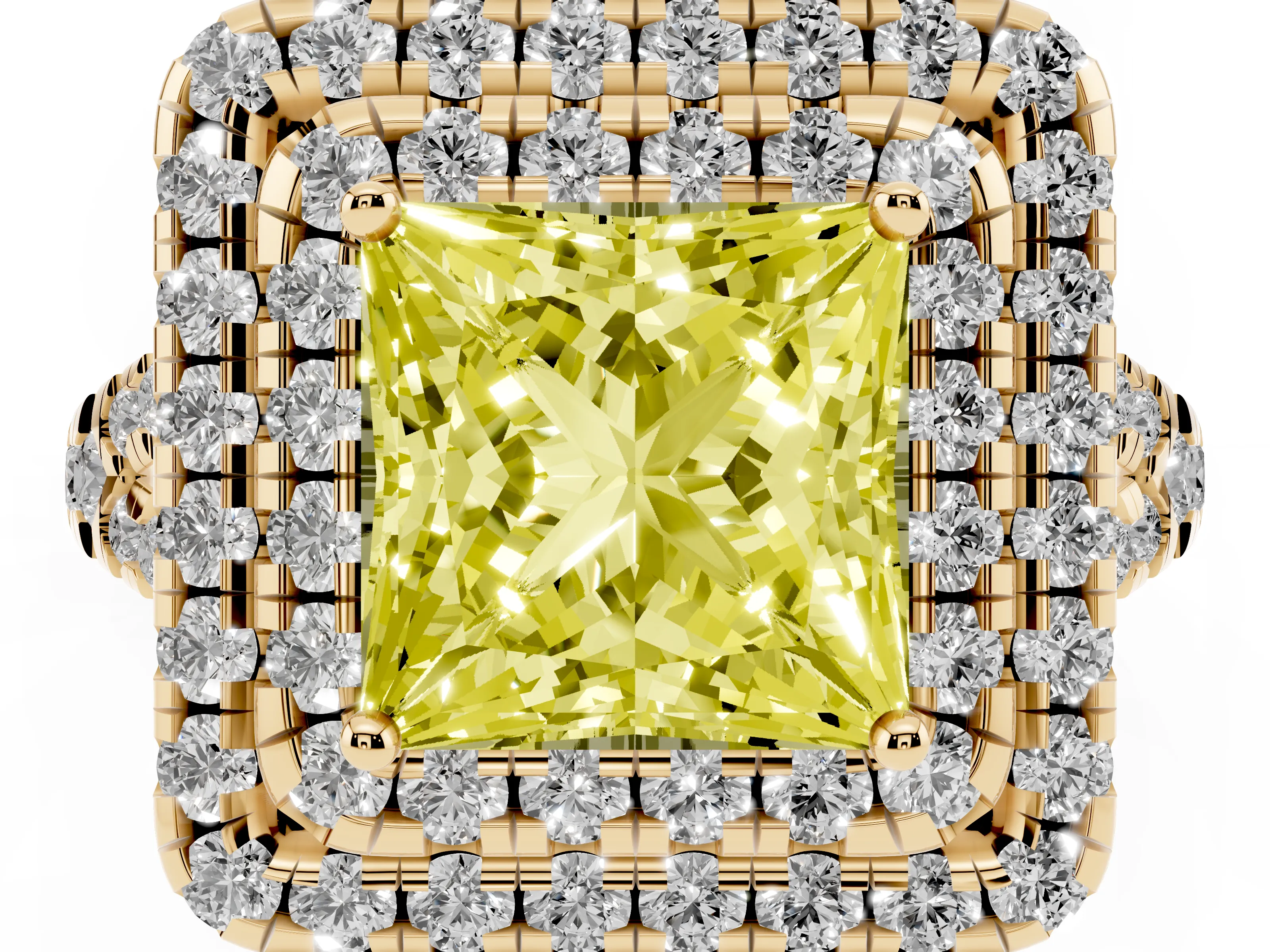 Fancy Yellow Princess Cut Diamond Double Halo Ring Set in Yellow gold with Pavé Split Shank and Prong Setting