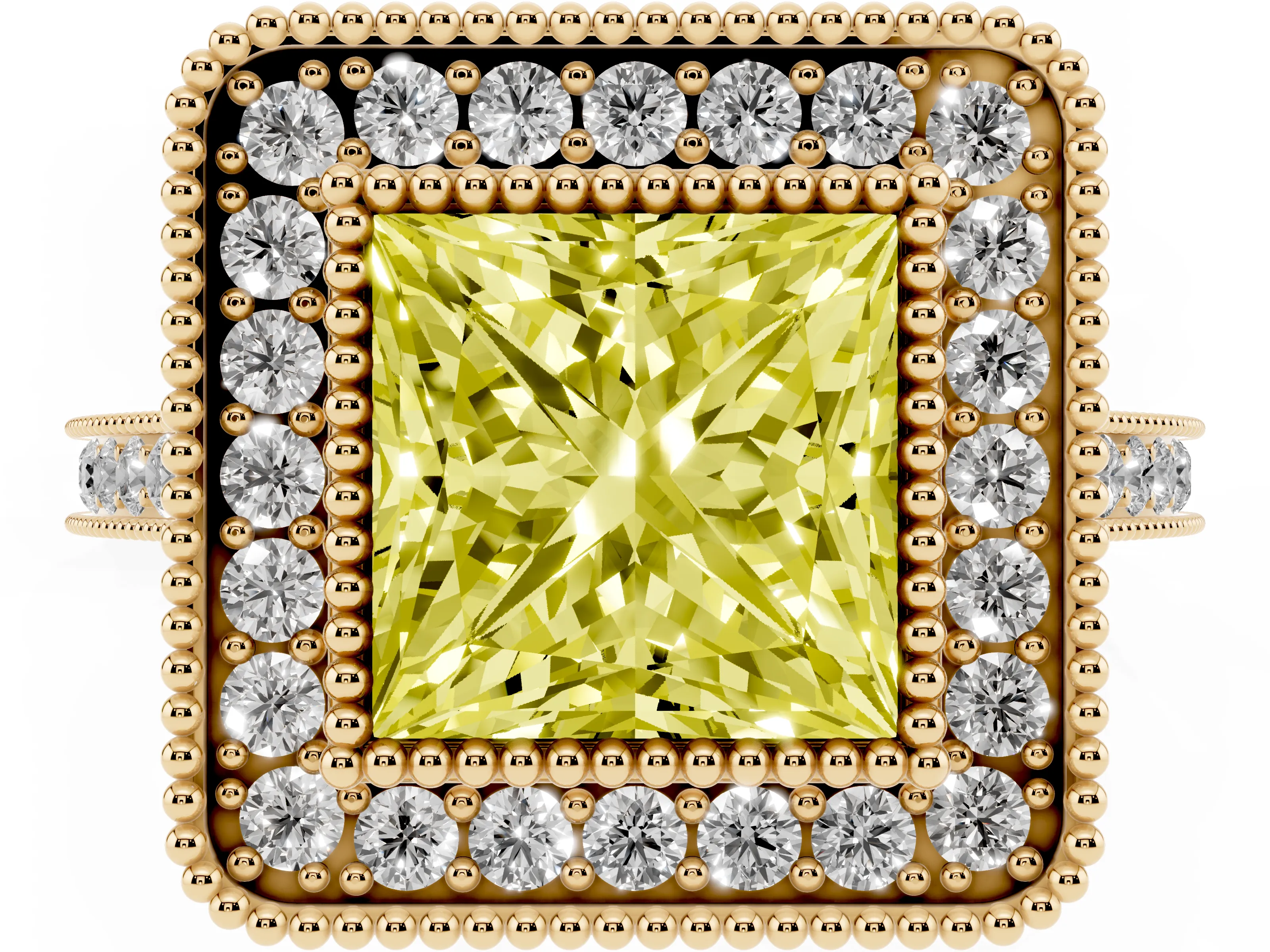 Fancy Yellow Princess Cut Diamond Halo Ring Set in Yellow gold with Milgrain Frame and Pavé Band