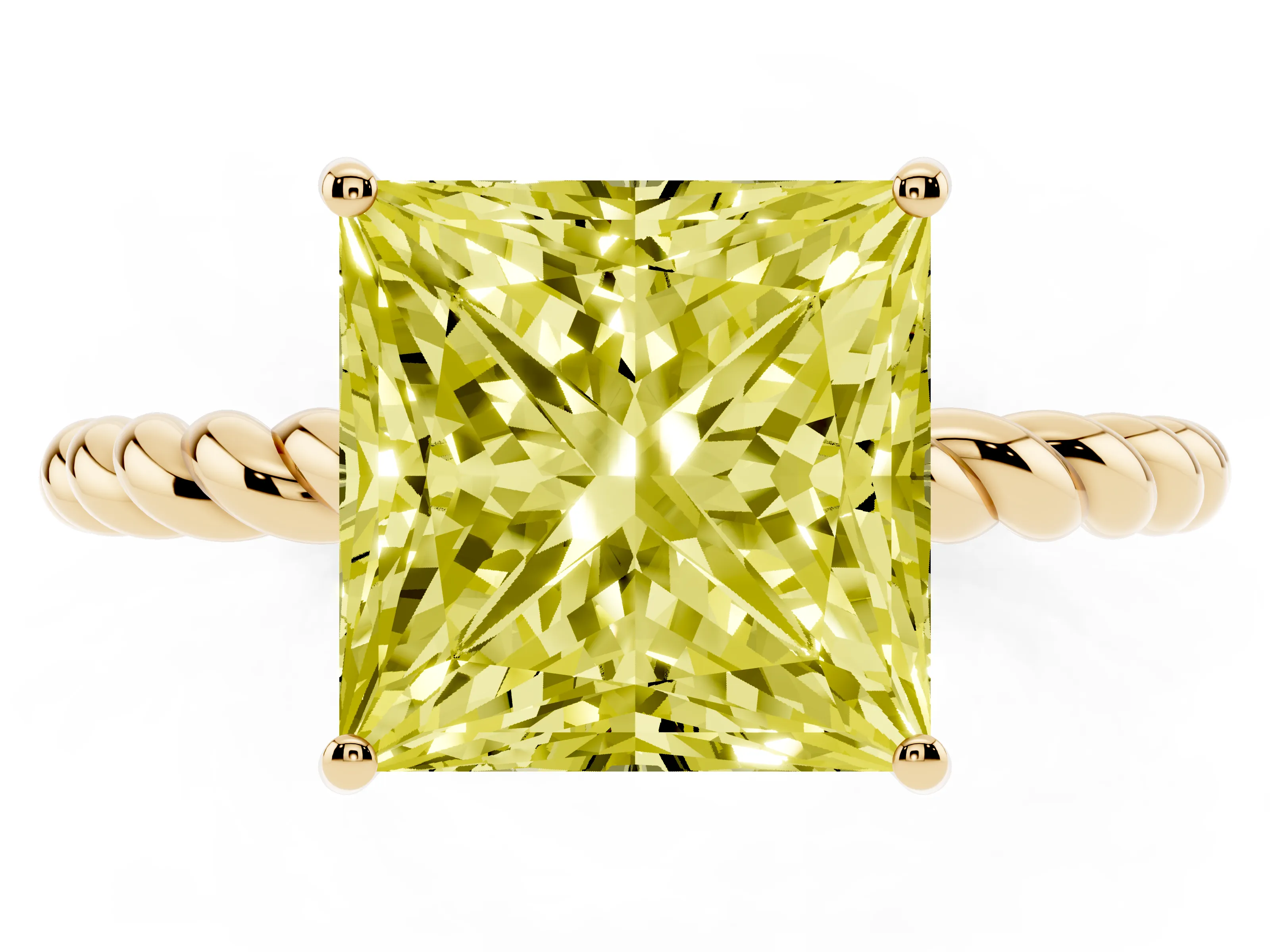 Fancy Yellow Princess Cut Diamond Solitaire Ring Set in Yellow gold with Twist Band and Prong Setting