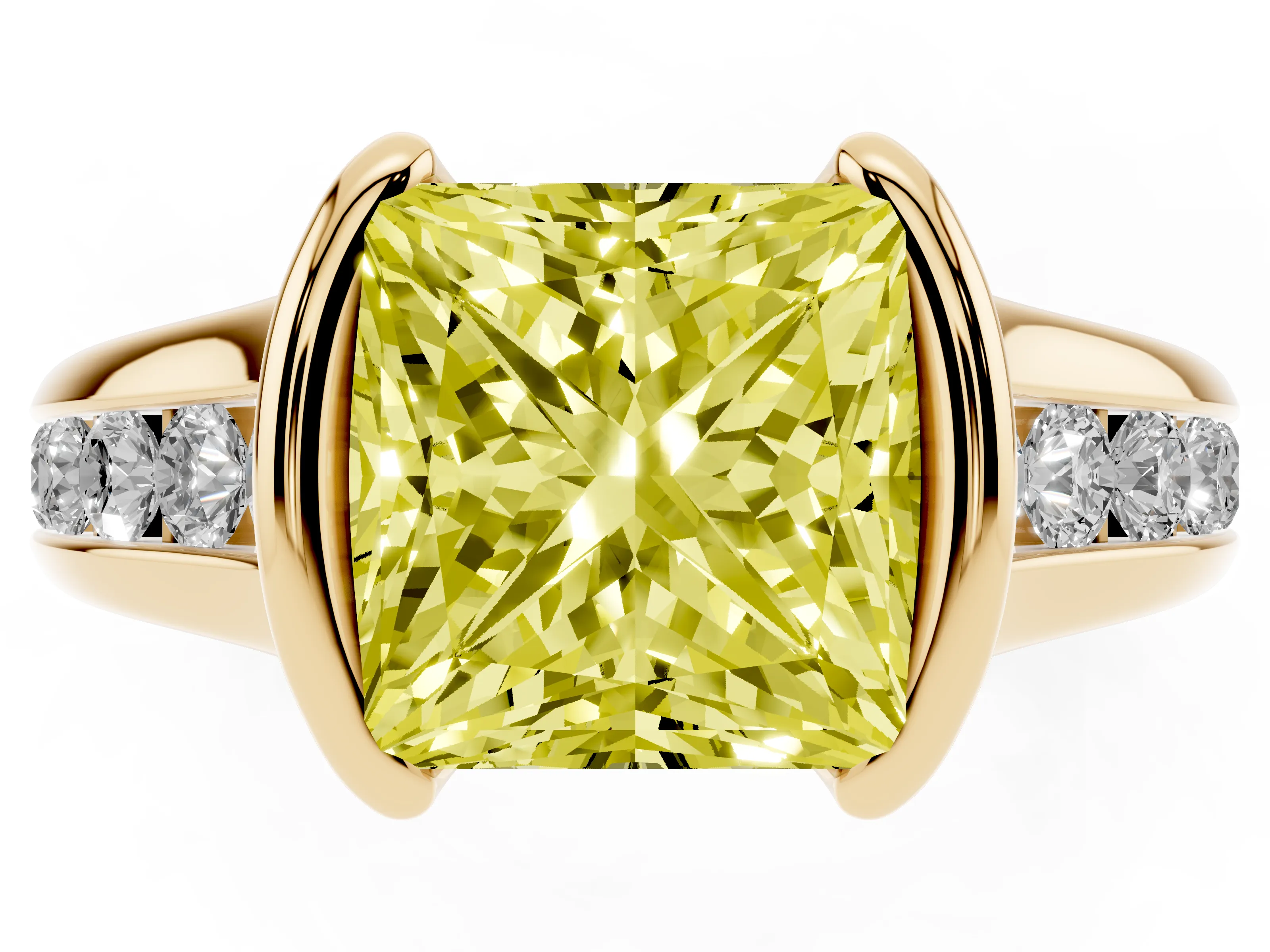 Fancy Yellow Princess Cut Diamond Bezel-Set Solitaire Ring Set in Yellow gold with Channel-Set Band