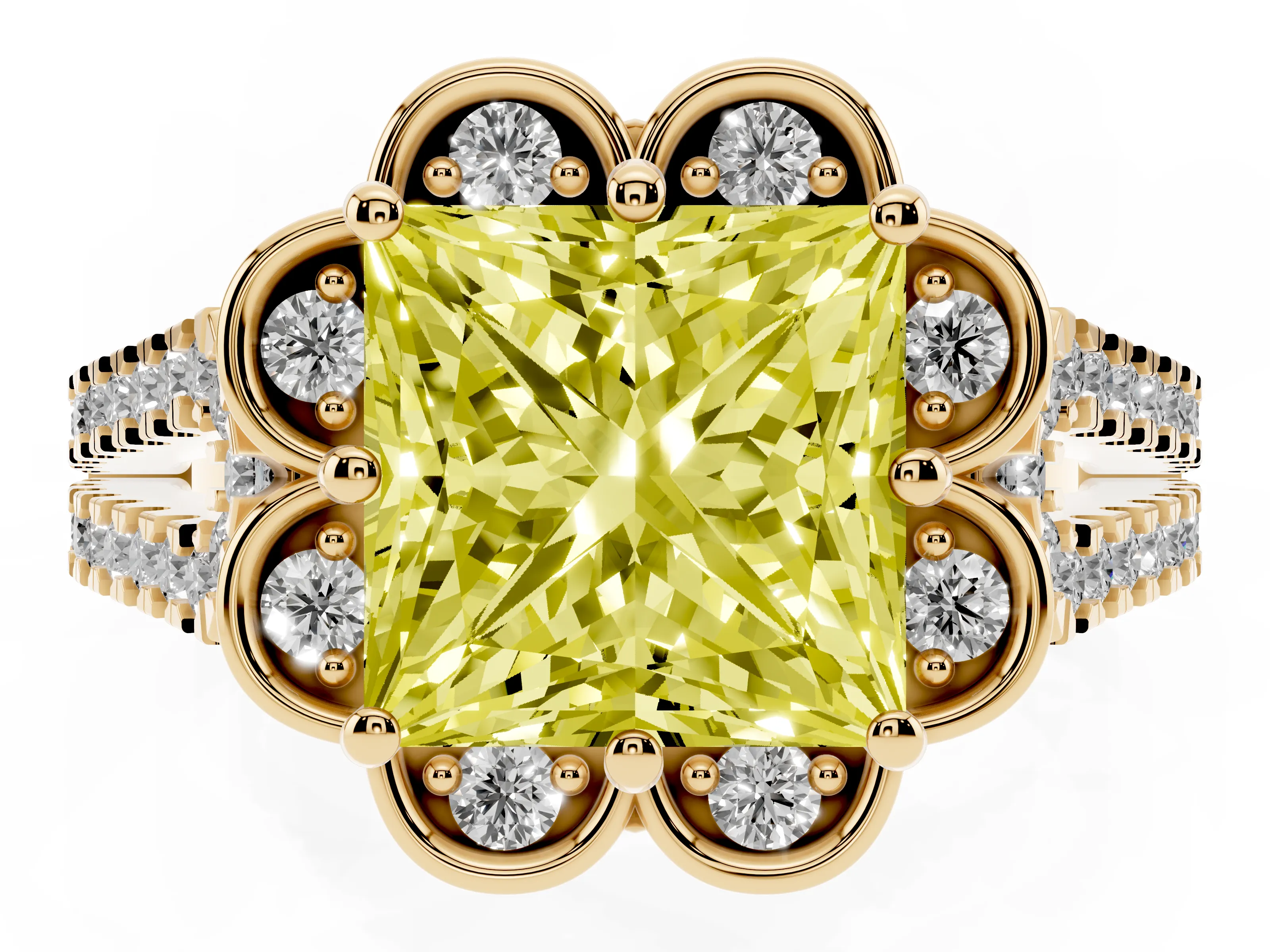 Fancy Yellow Princess Cut Diamond Floral Halo Split Shank Engagement Ring Set in Yellow gold with Pavé Shank
