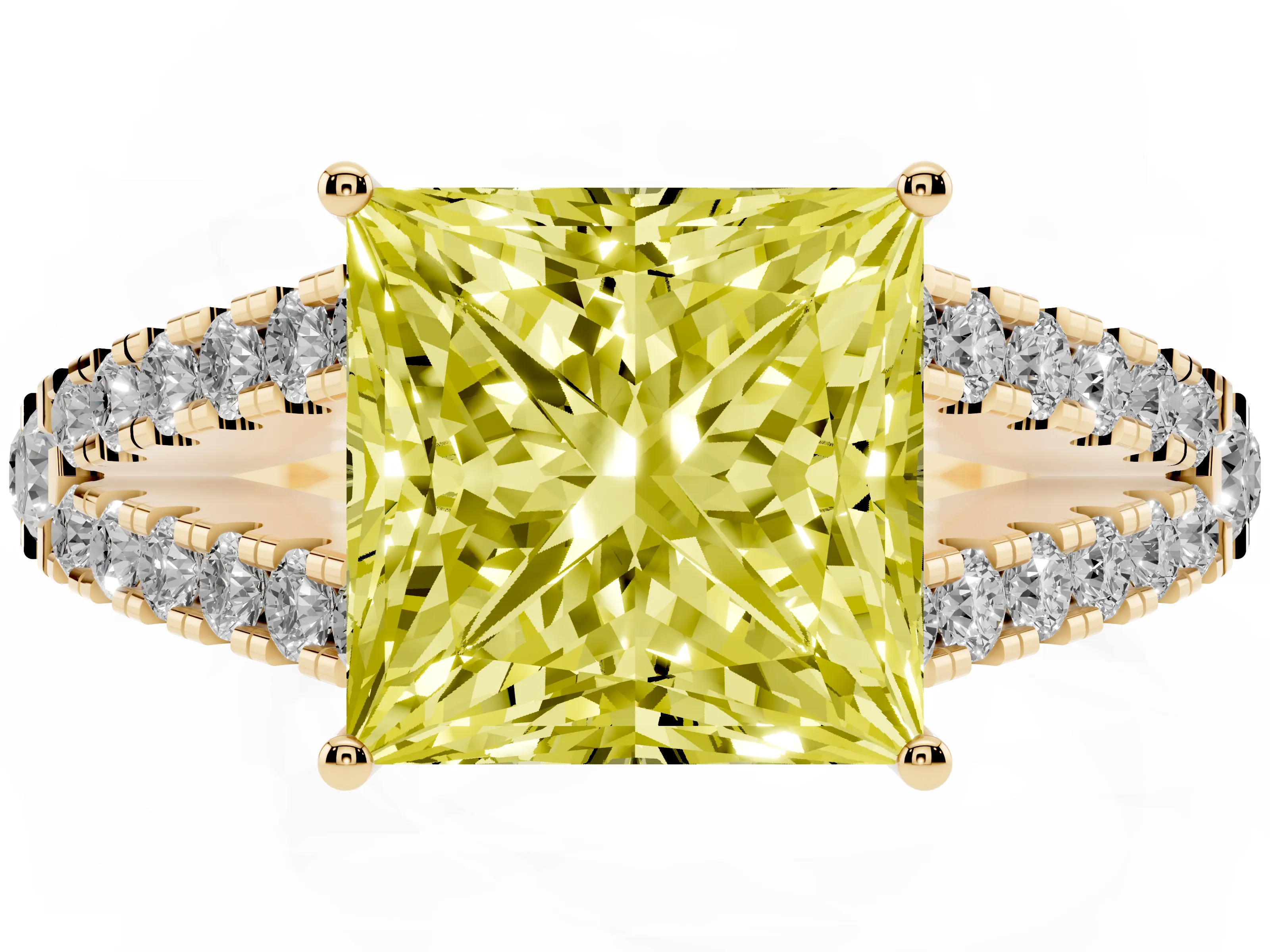 Fancy Yellow Princess Cut Diamond Split Shank Pavé Engagement Ring Set in Yellow gold with Prong-Held Center Stone