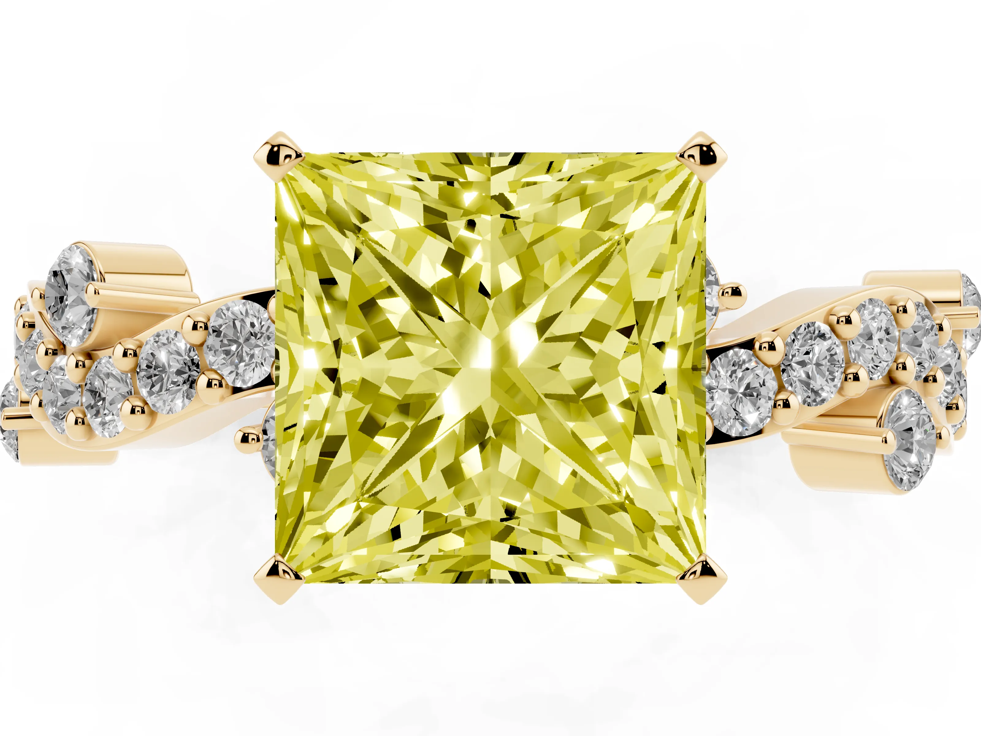 Fancy Yellow Princess Cut Diamond Solitaire Twisted Band Set in Yellow gold with Pavé Setting