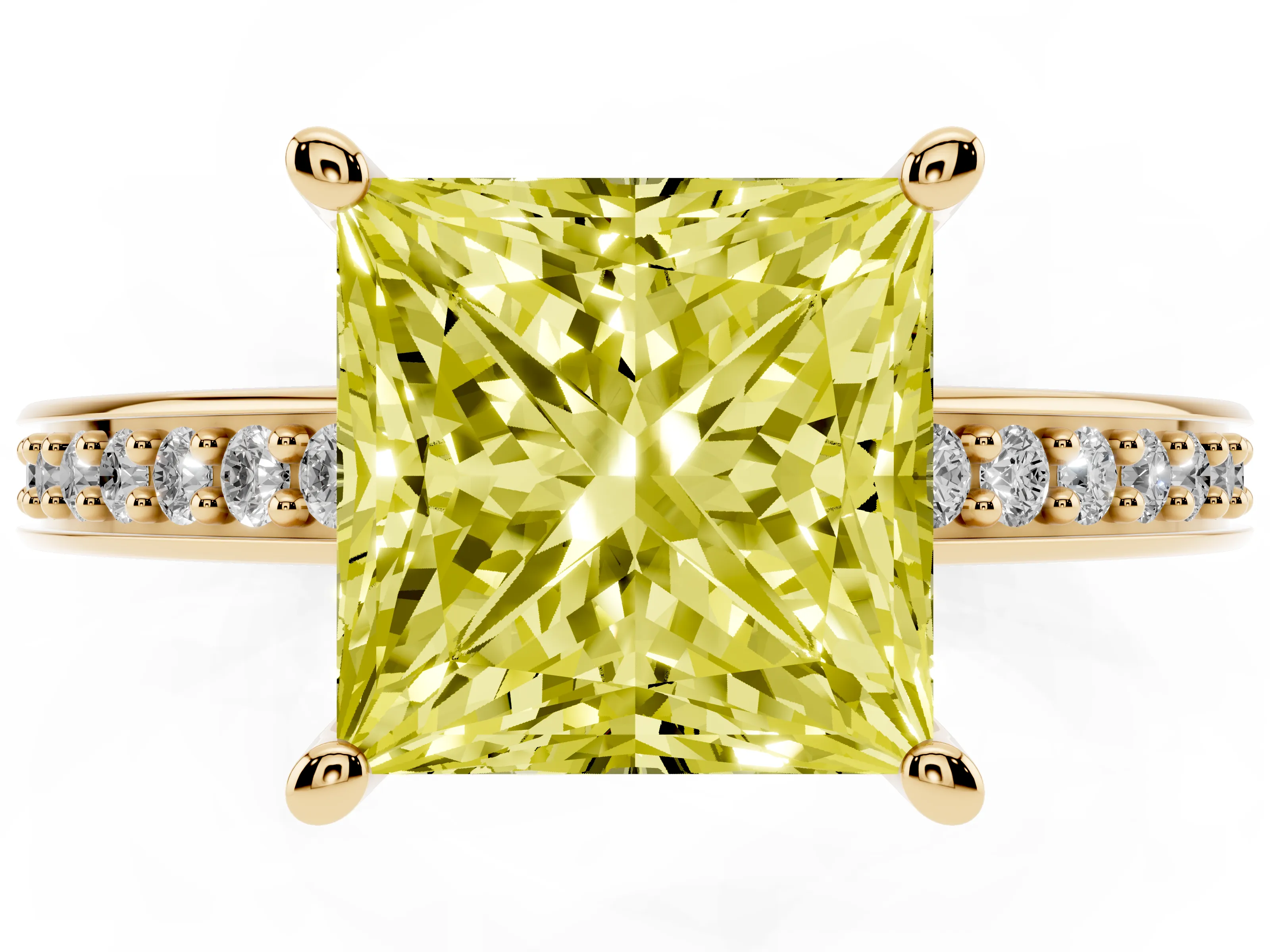 Fancy Yellow Princess Cut Diamond Pavé Band Prong Set Solitaire Ring Set in Yellow gold