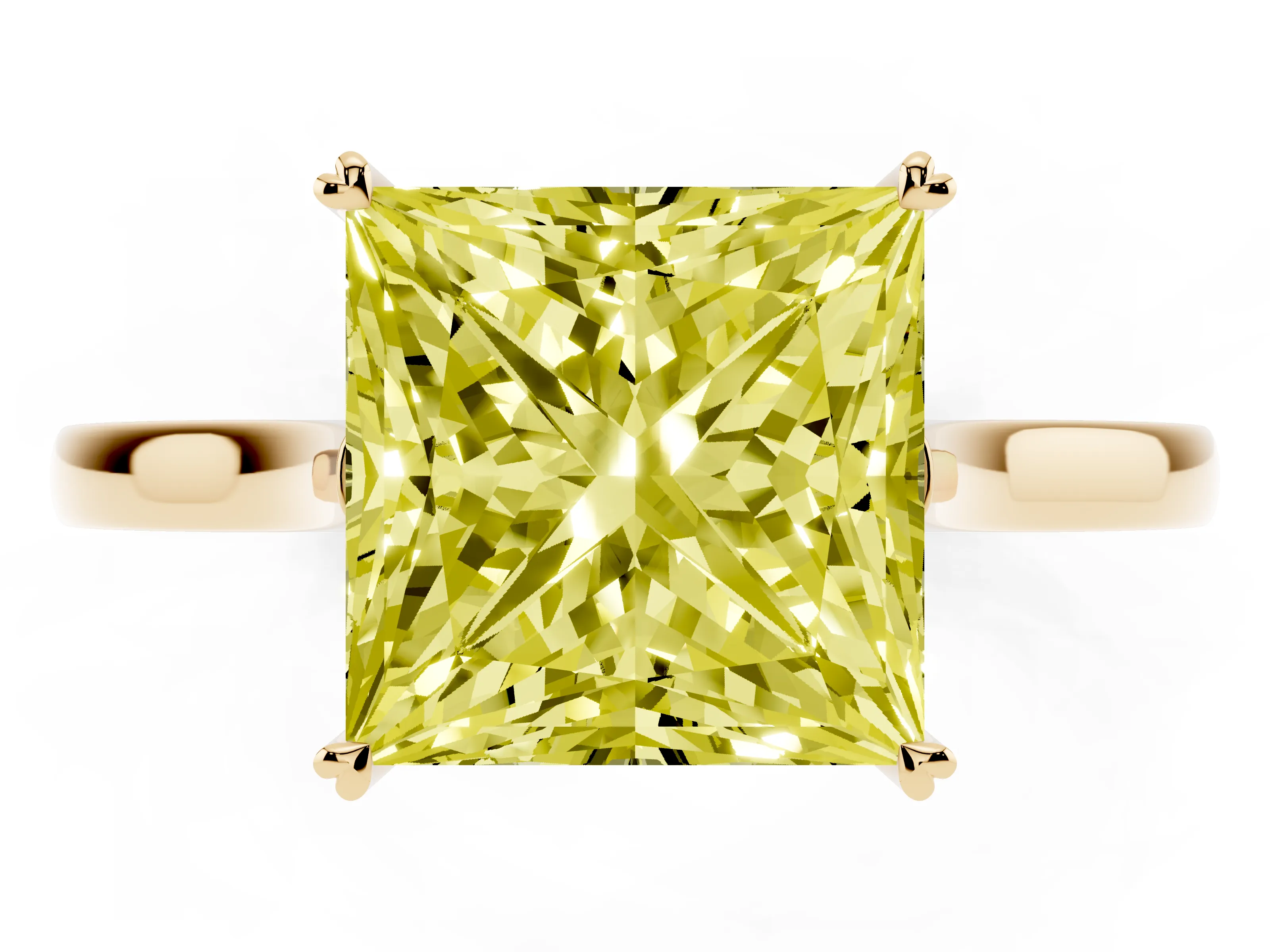 Fancy Yellow Princess Cut Diamond Solitaire Heart Prong Engagement Ring Set in Yellow gold with Tapered Band