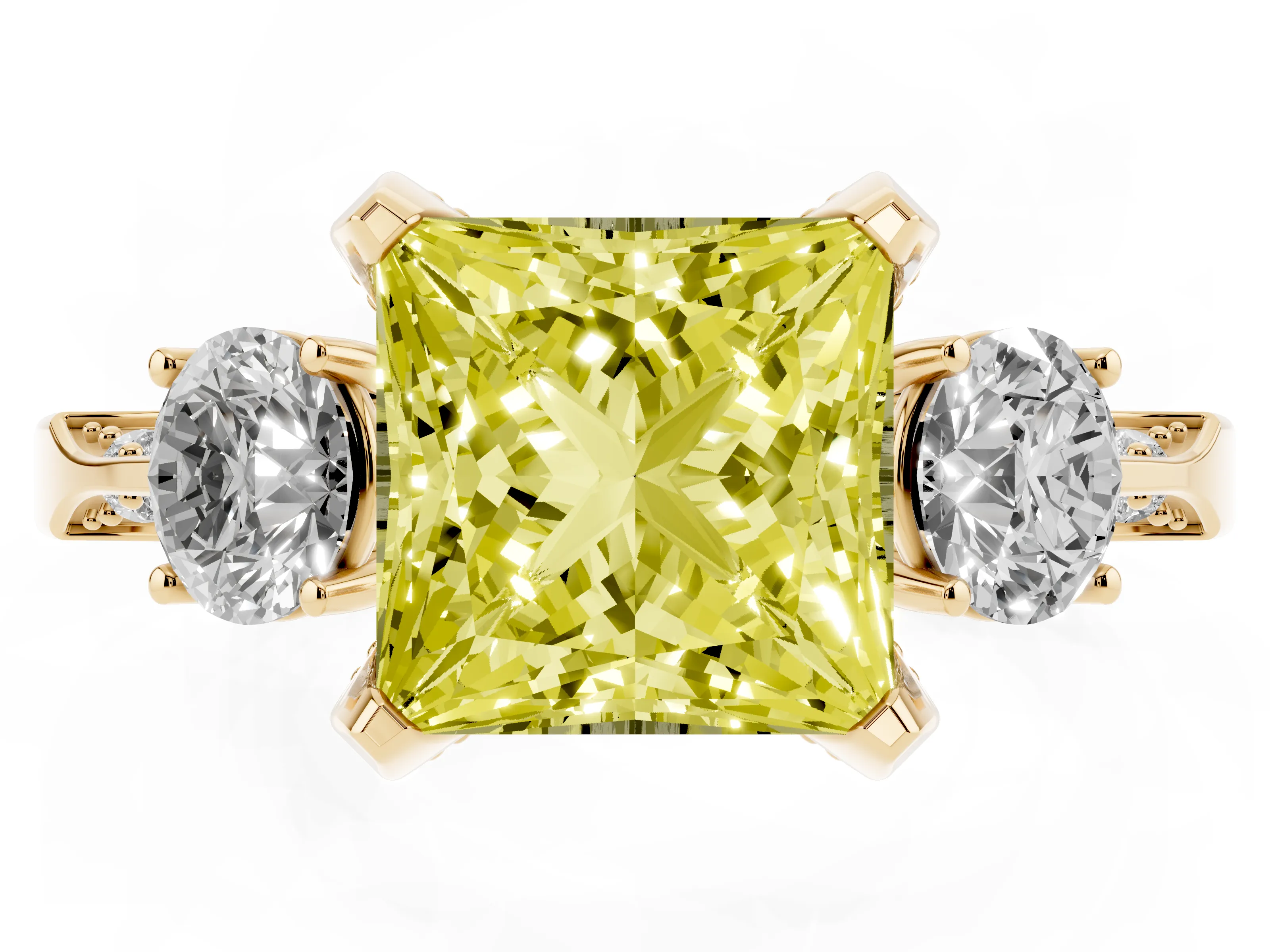 Fancy Yellow Princess Cut Diamond Three-Stone Ring Set in Yellow gold with Pavé Band and Smaller Side Stones