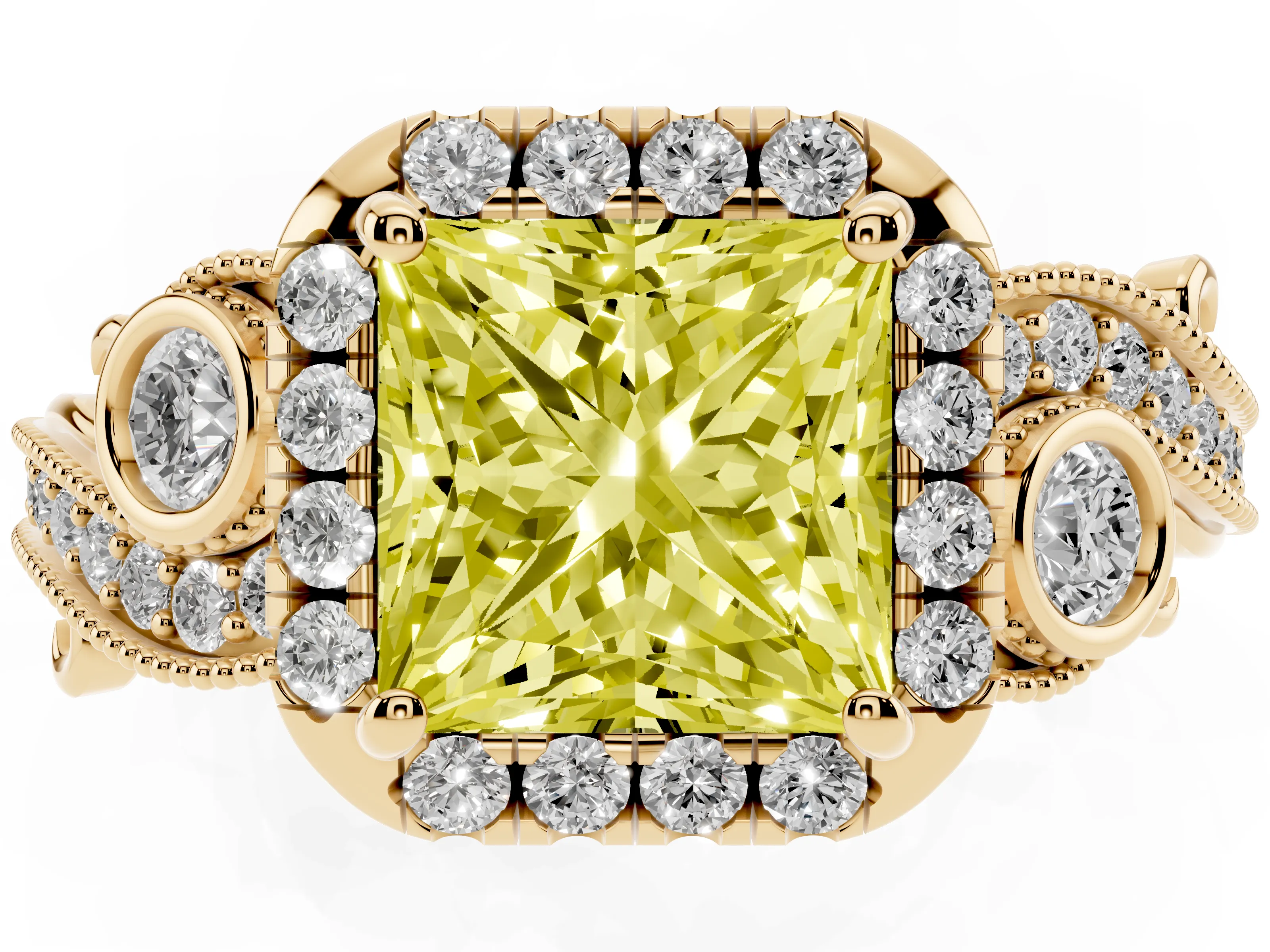 Fancy Yellow Princess Cut Diamond Halo Ring Set in Yellow gold with Milgrain Pavé Band and Prong Setting
