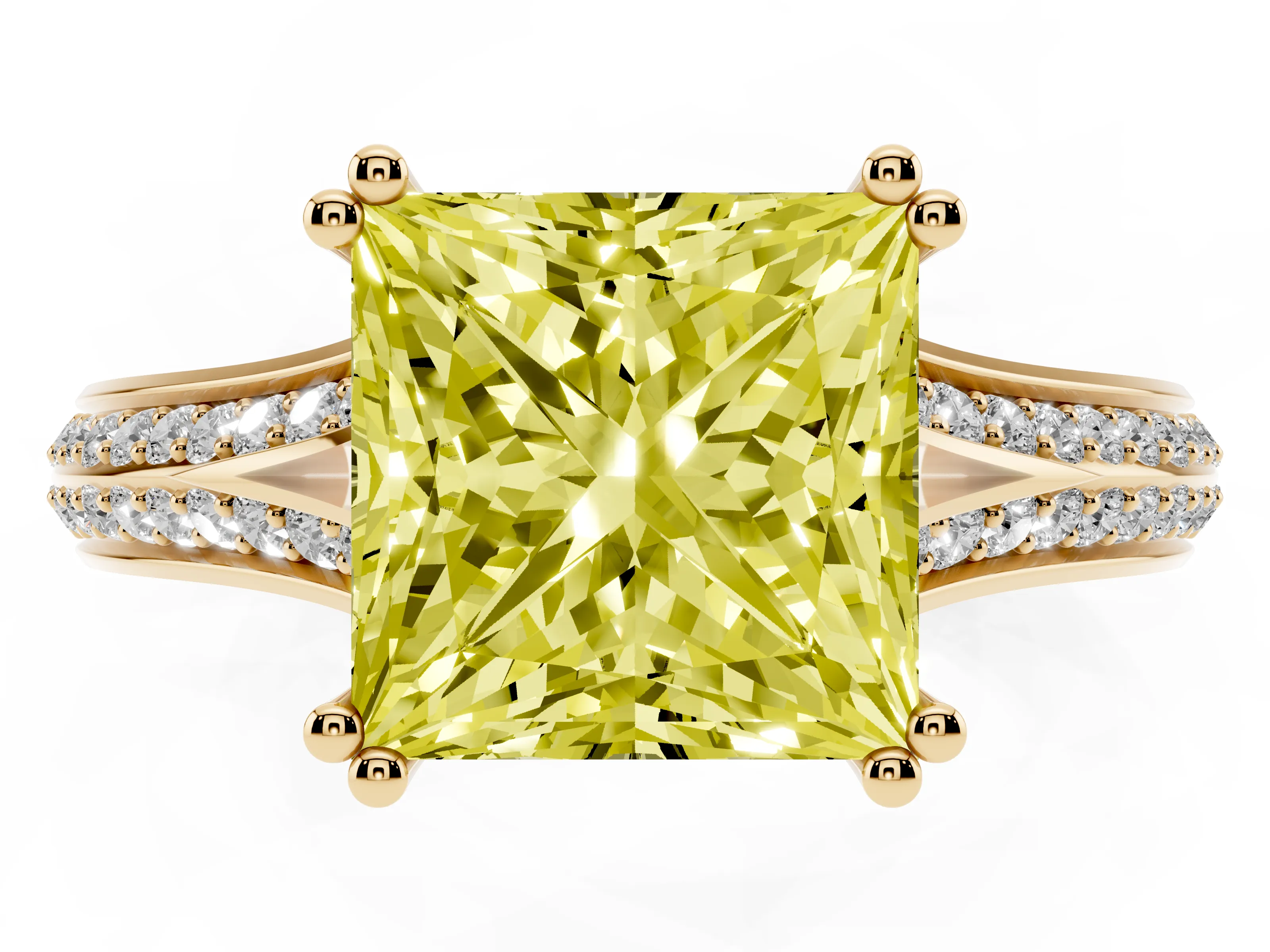 Fancy Yellow Princess Cut Diamond Split Shank Pavé Engagement Ring Set in Yellow gold with Prong-Set Center Stone