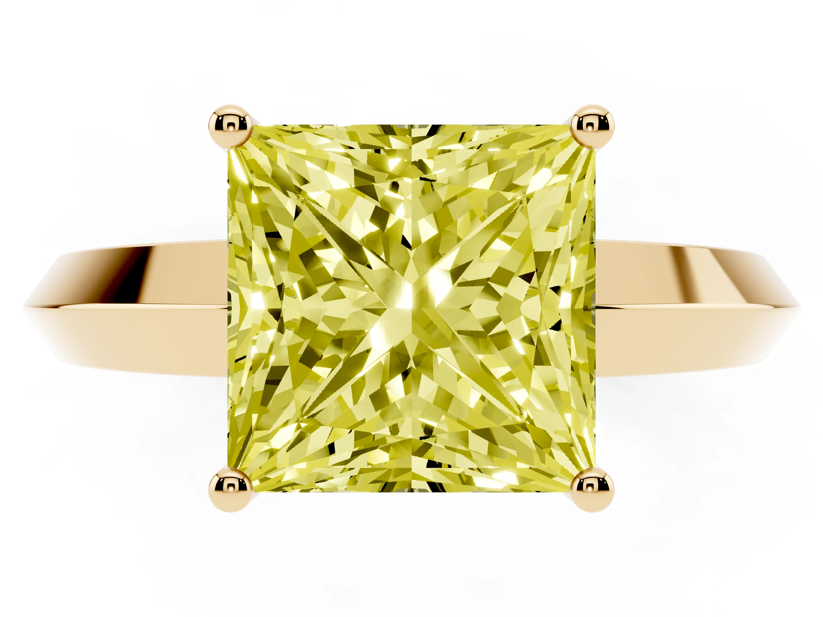 Fancy Yellow Princess Cut Diamond Solitaire Engagement Ring Set in Yellow gold with Flat Band and Prong Setting