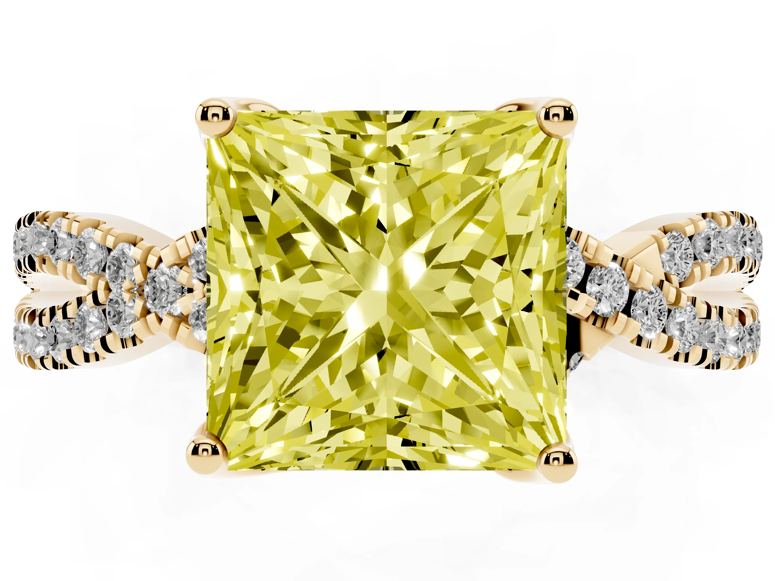 Fancy Yellow Princess Cut Diamond Twist Pavé Solitaire Engagement Ring Set in Yellow gold with Prong Setting