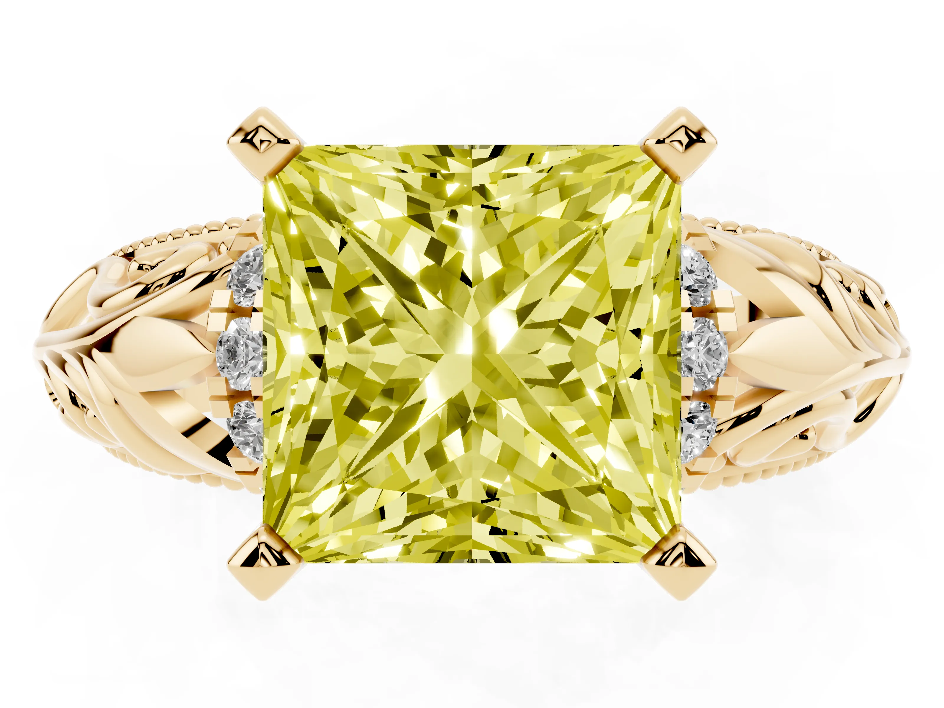 Fancy Yellow Princess Cut Diamond Filigree Halo Engagement Ring Set in Yellow gold with Prong Setting