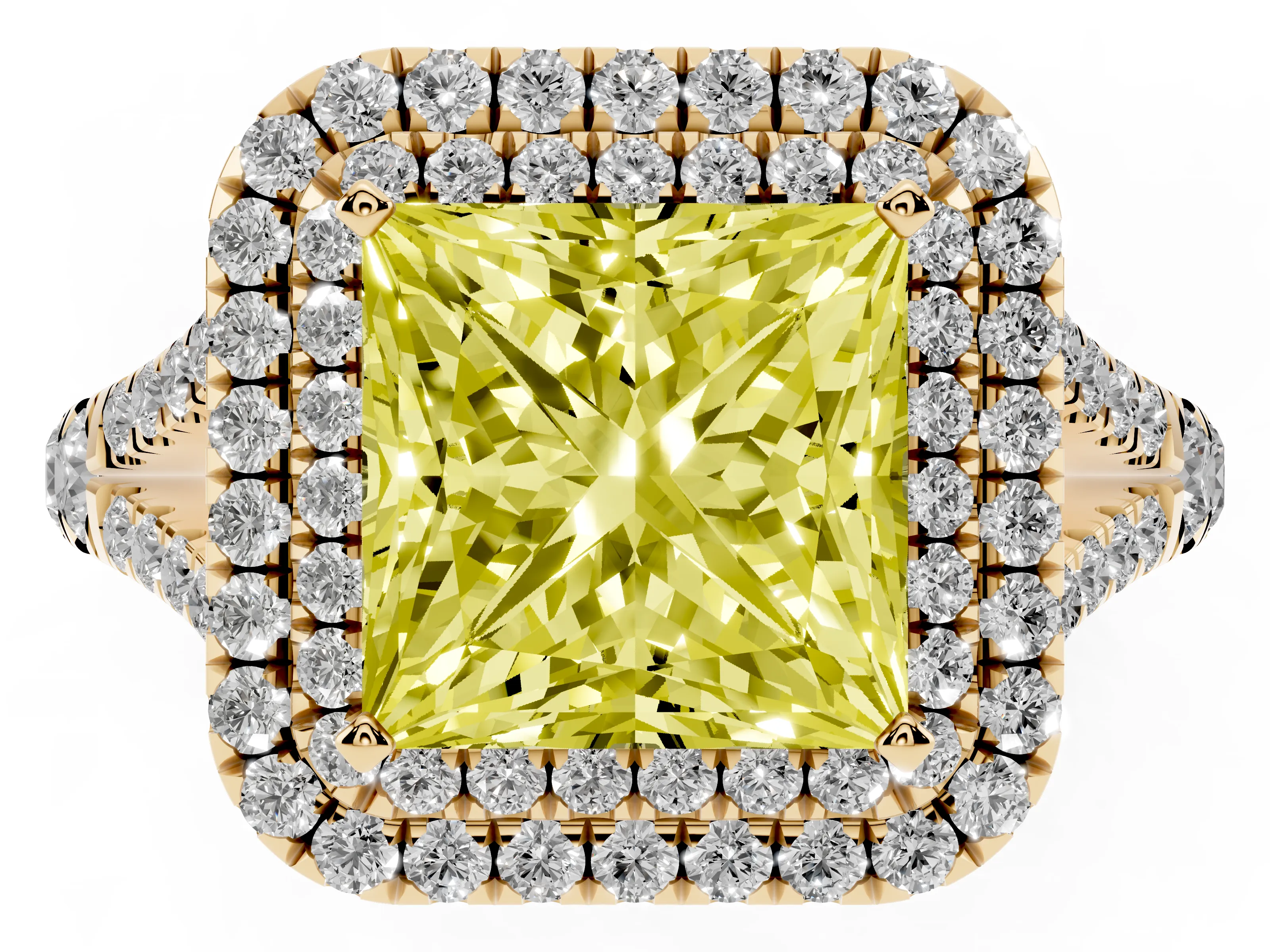 Fancy Yellow Princess Cut Diamond Pavé Split Shank Double Halo Engagement Ring Set in Yellow gold