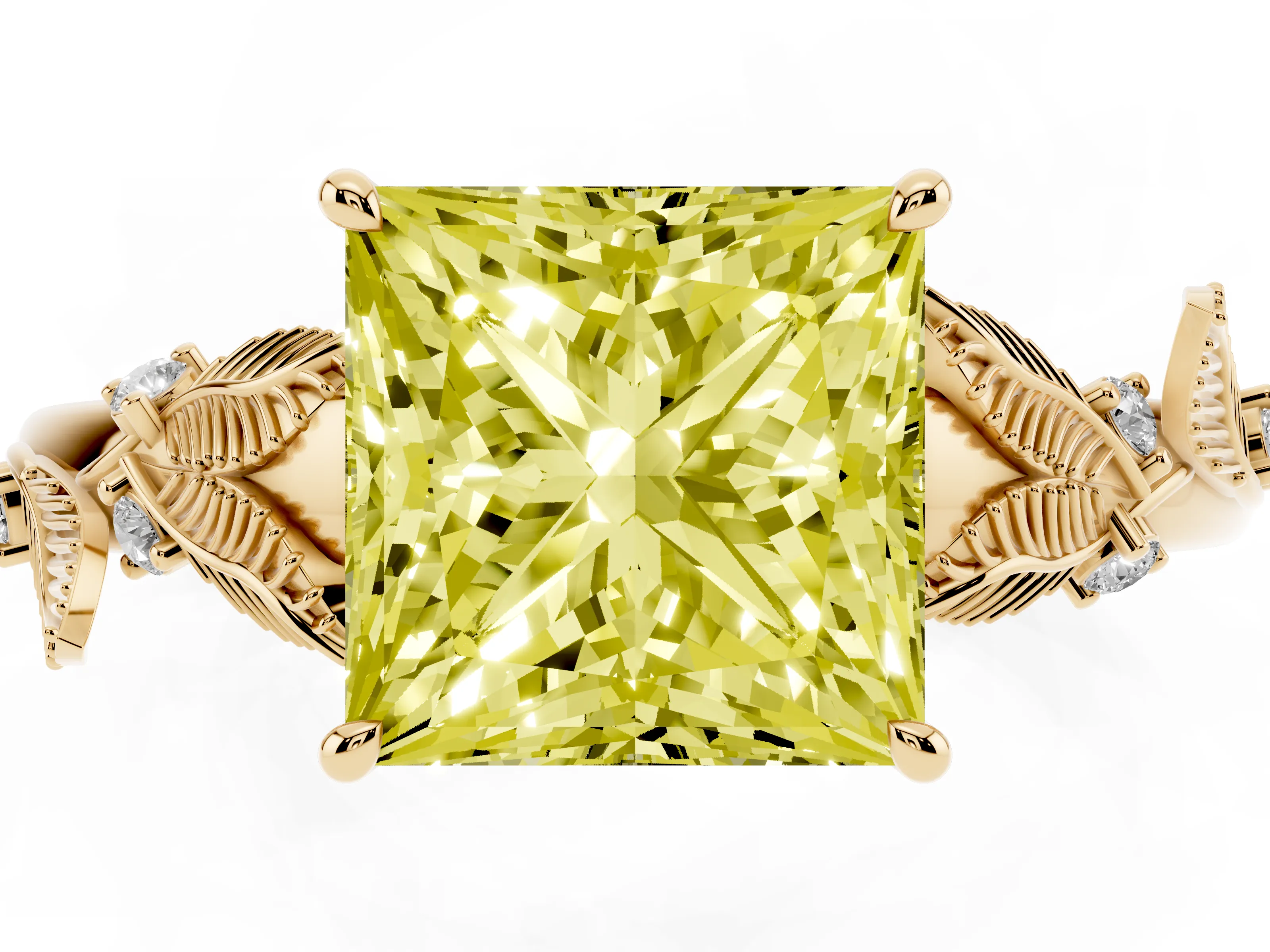 Fancy Yellow Princess Cut Diamond Solitaire Ring Set in Yellow gold with Leaf Motif Band