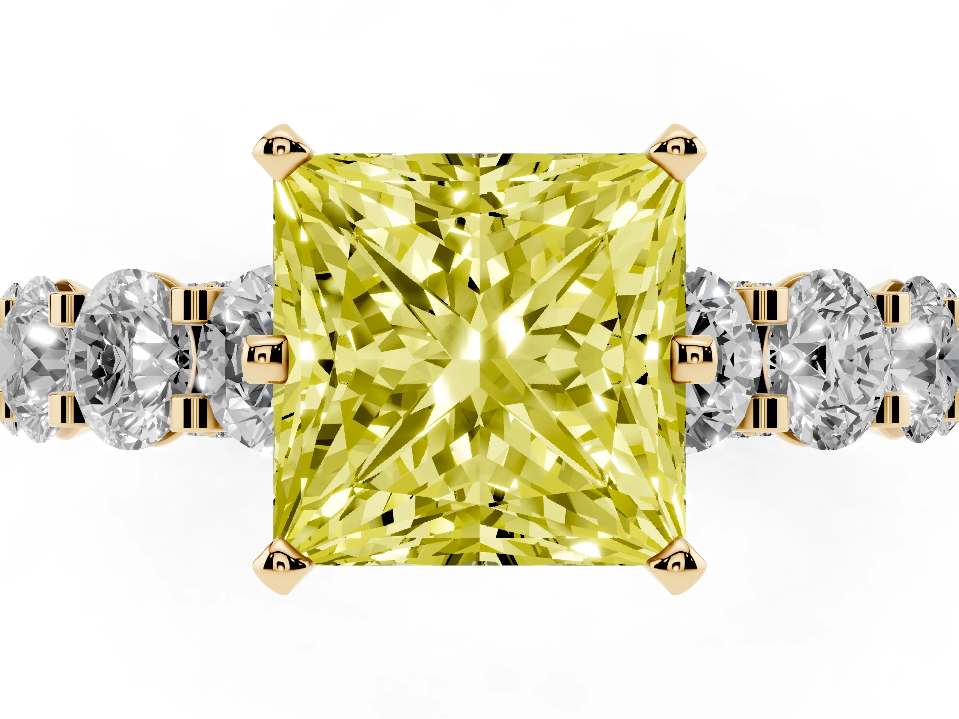Fancy Yellow Princess Cut Diamond Side Stone Ring Set in Yellow gold with Alternating Round and Oval Side Stones