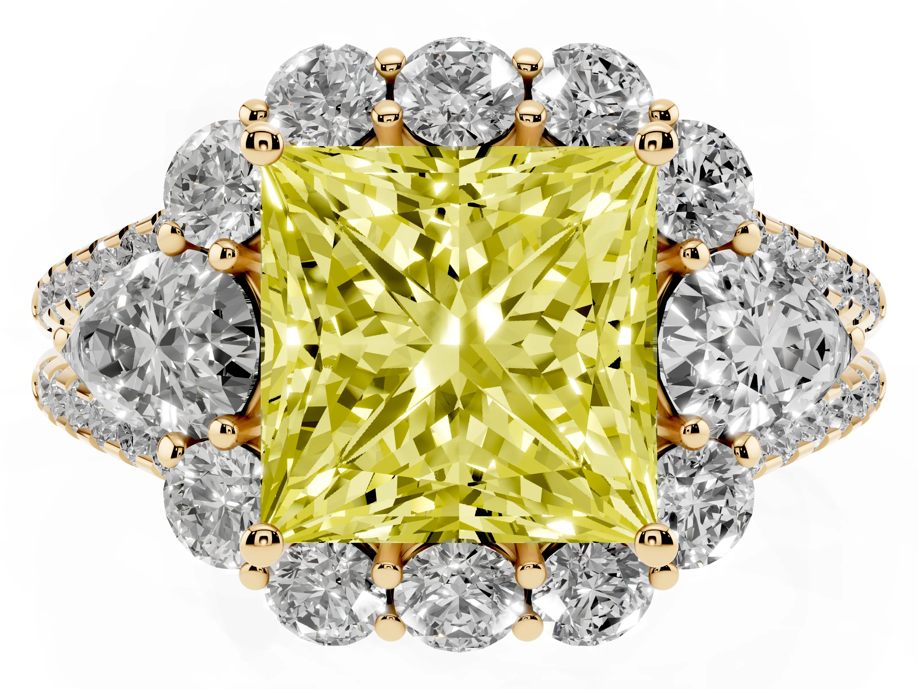Fancy Yellow Princess Cut Diamond Halo Split Shank Engagement Ring Set in Yellow gold with Prong-Held Center Stone
