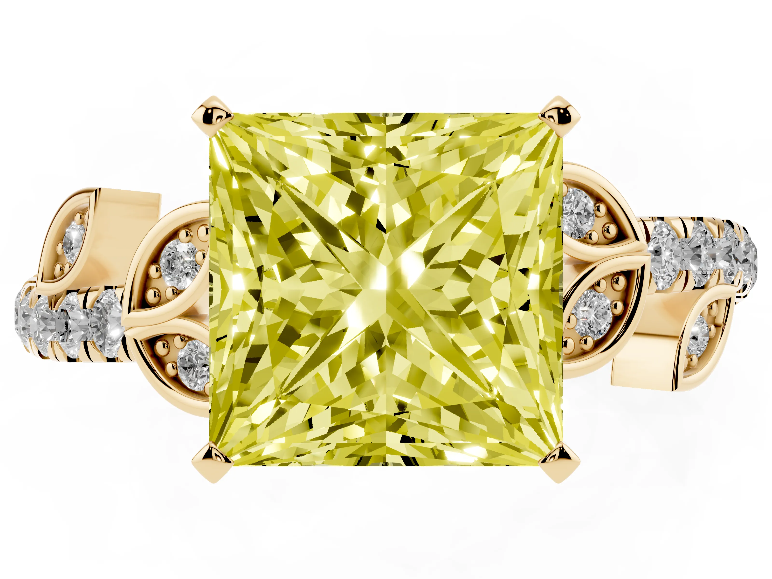 Fancy Yellow Princess Cut Diamond Solitaire Leaf-Inspired Ring Set in Yellow gold with Pavé Band and Prong Setting