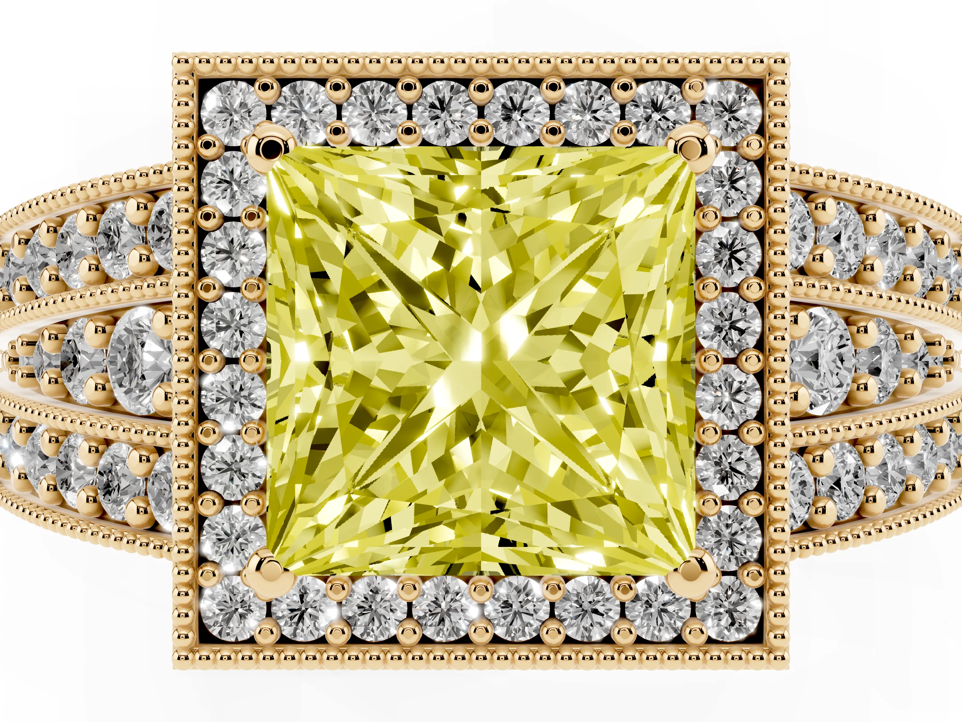 Fancy Yellow Princess Cut Diamond Halo Ring Set in Yellow gold with Accent Split Shank and Prong Setting