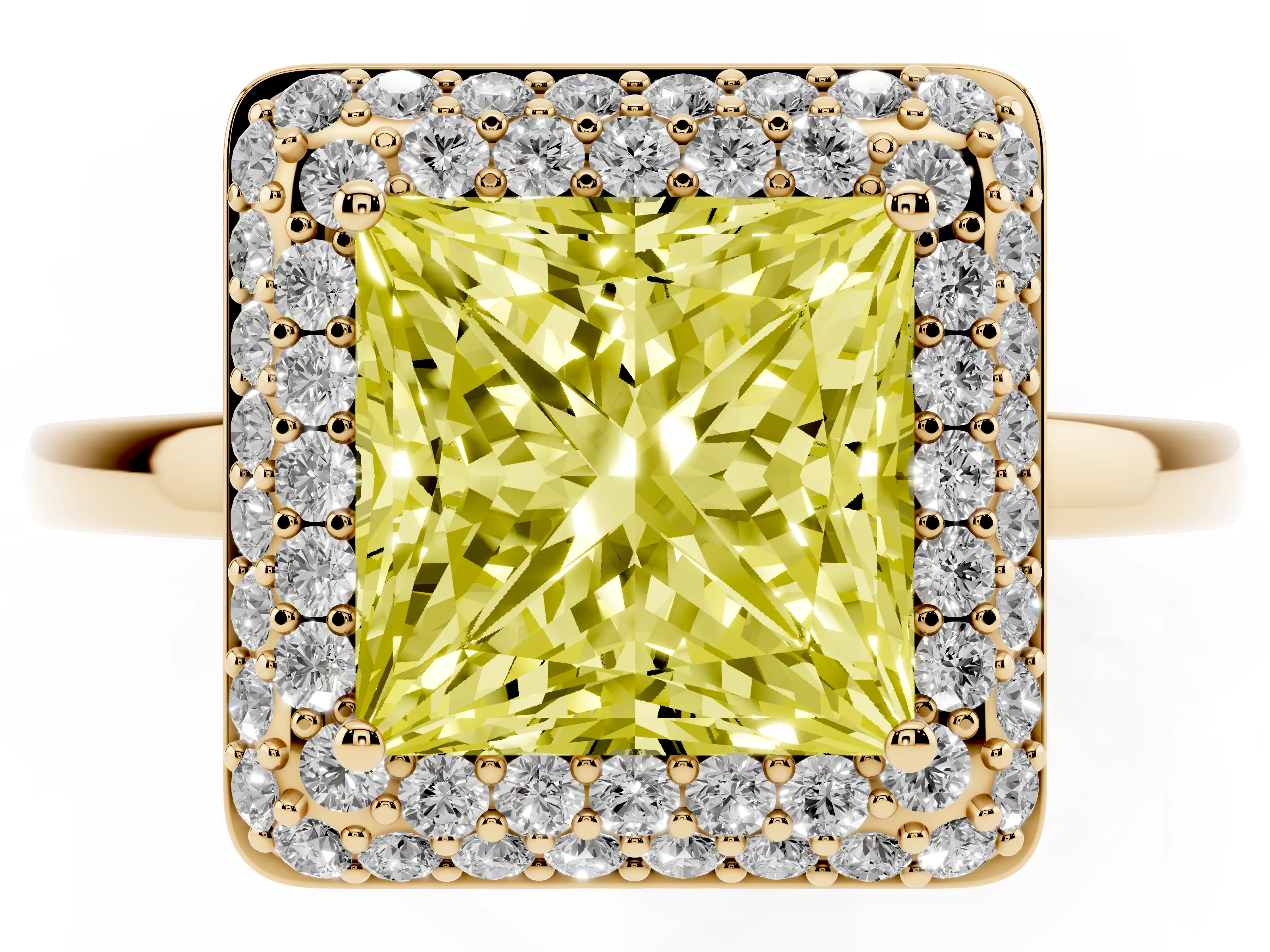 Fancy Yellow Princess Cut Diamond Halo Engagement Ring Set in Yellow gold with Solitaire Band and Prong Setting