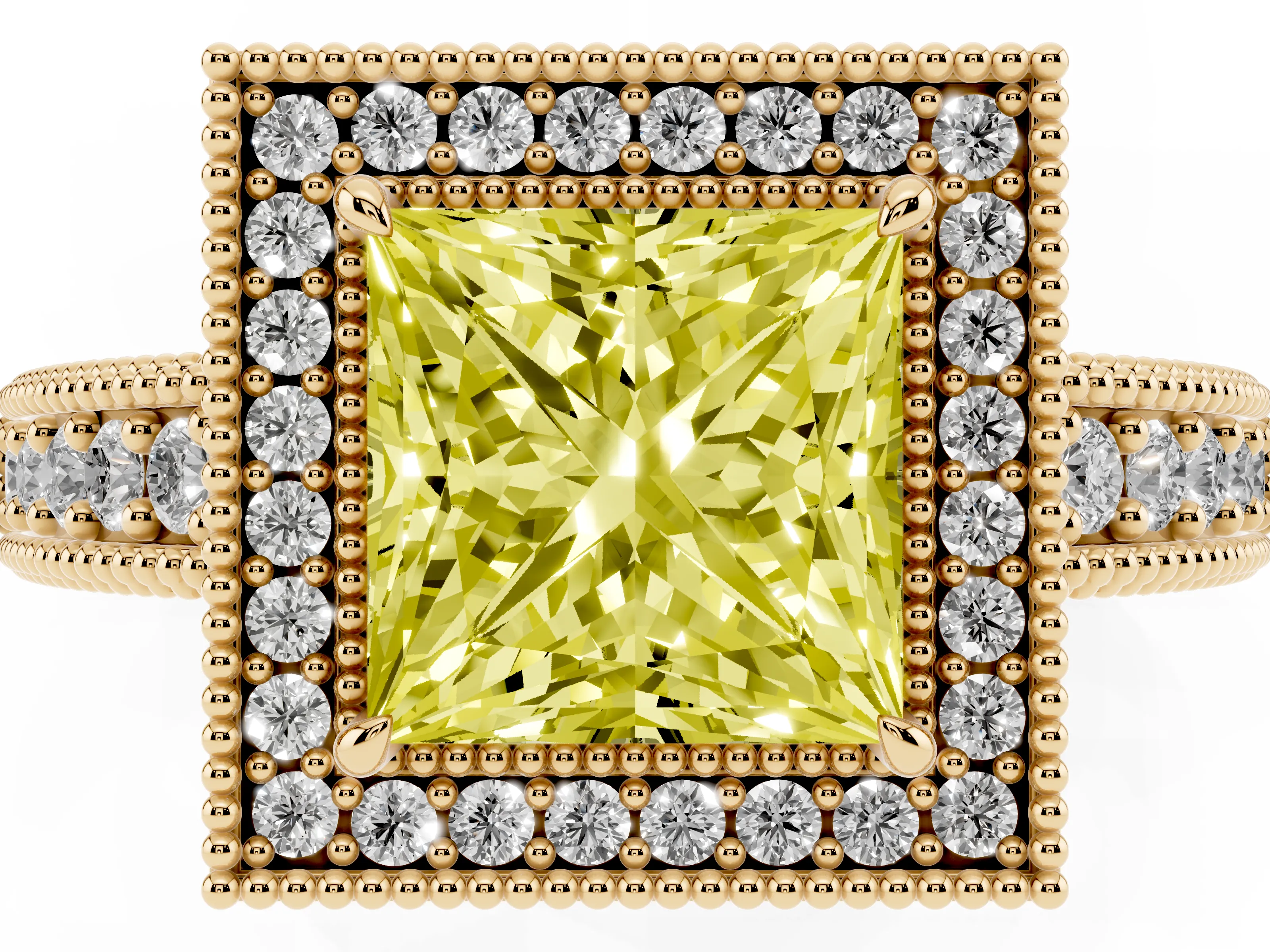 Fancy Yellow Princess Cut Diamond Halo Ring Set in Yellow gold with Round Accent Halo, Pavé Band and Prong Setting